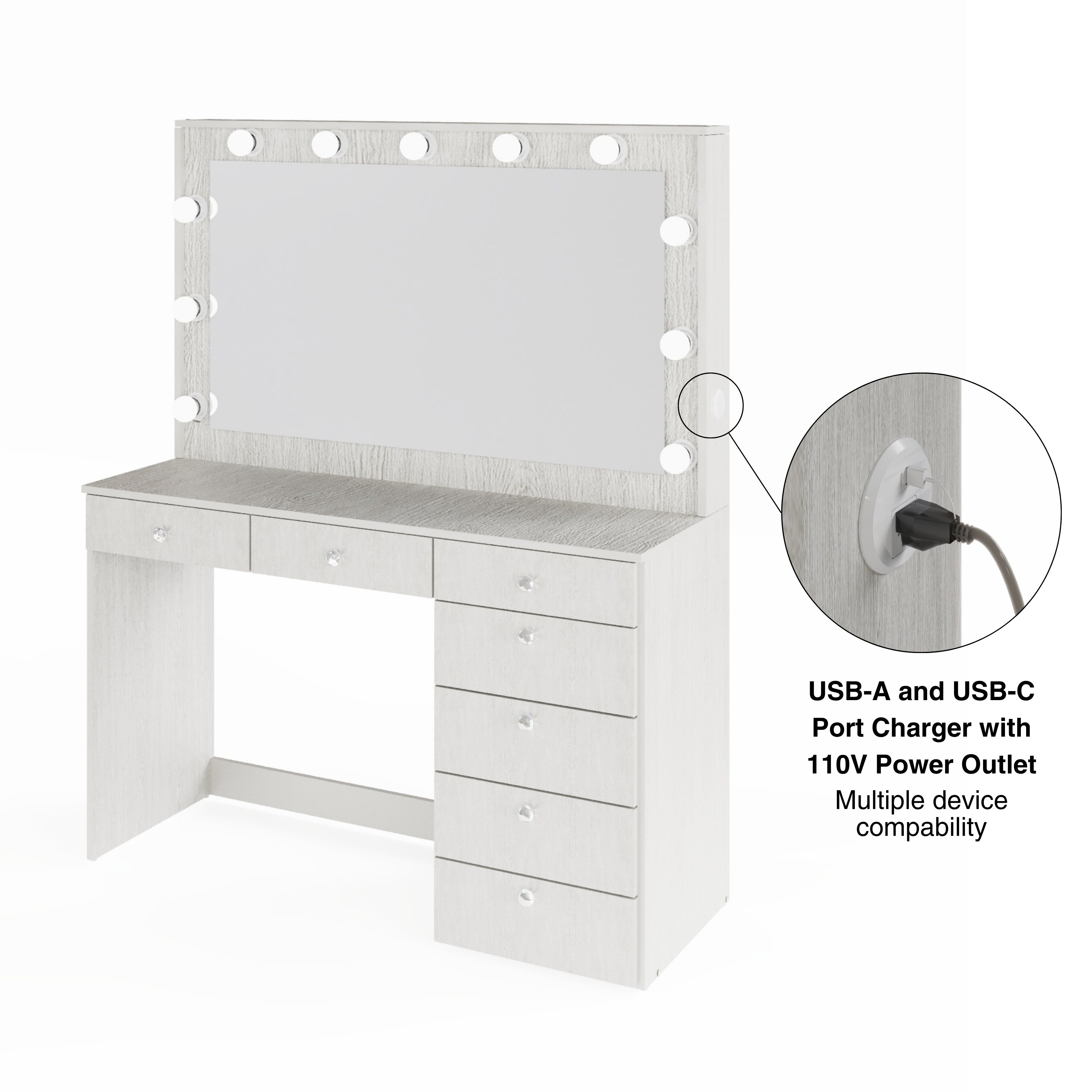 Boahaus Diana Makeup Vanity Desk with Built-in Lights, Storage & USB Ports | Premium Design