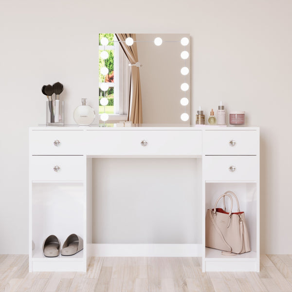 Boahaus Thalia Lighted Vanity Table with Open Shelves | White Premium Design