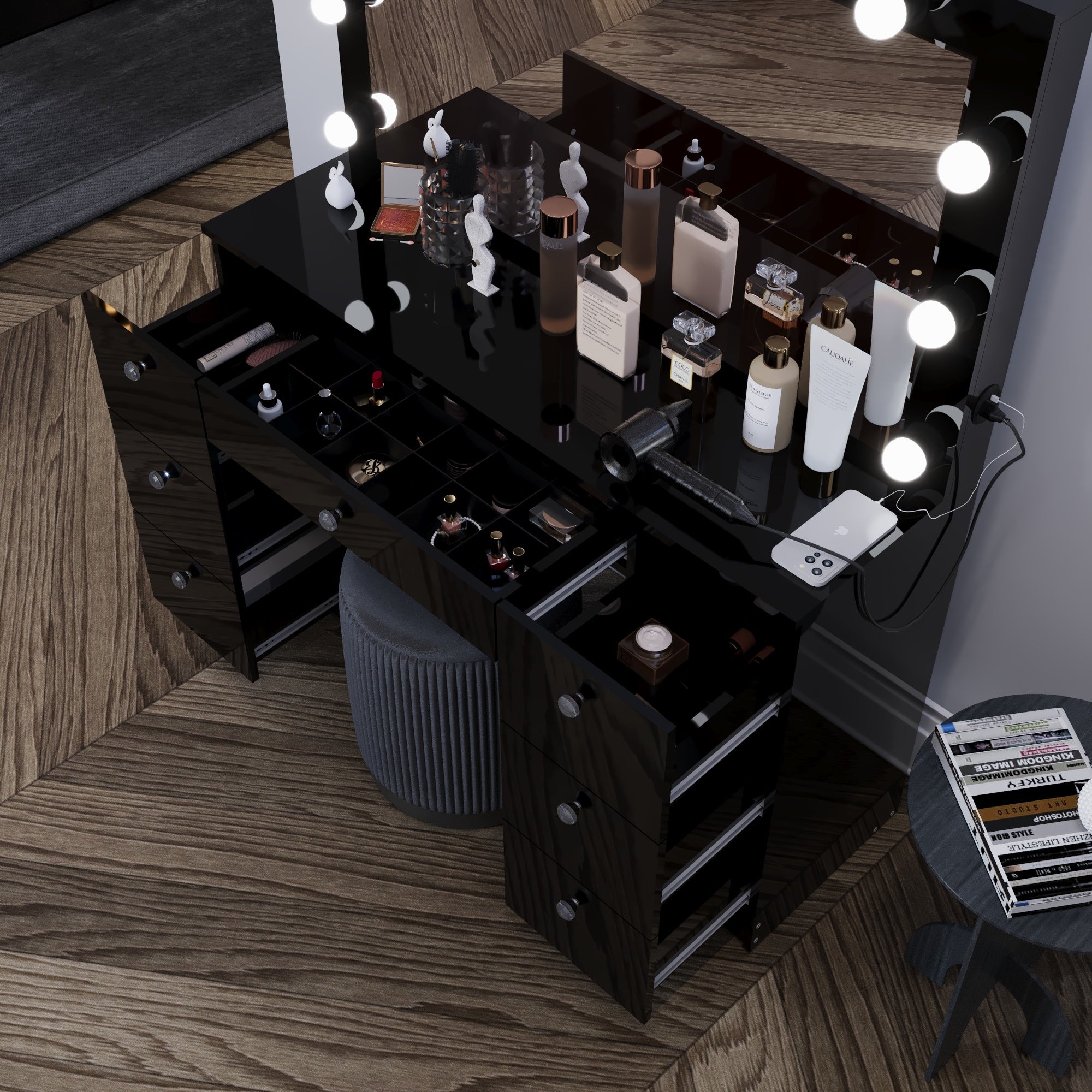 Boahaus Freya Makeup Vanity Desk with Lights, Crystal Knobs & Ample Storage