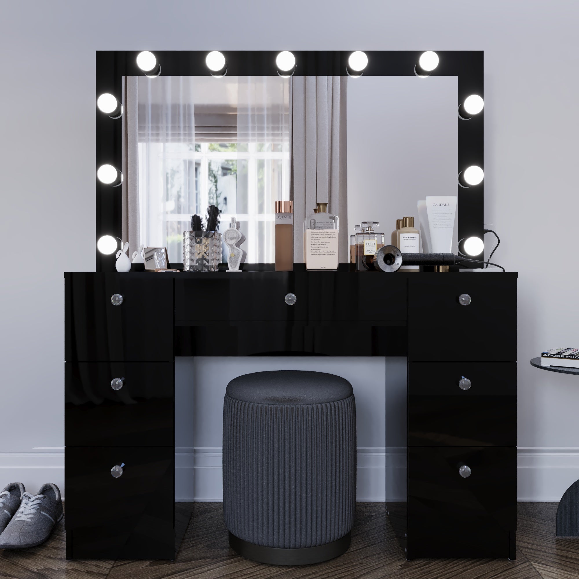 Boahaus Freya Makeup Vanity Desk with Lights, Crystal Knobs & Ample Storage