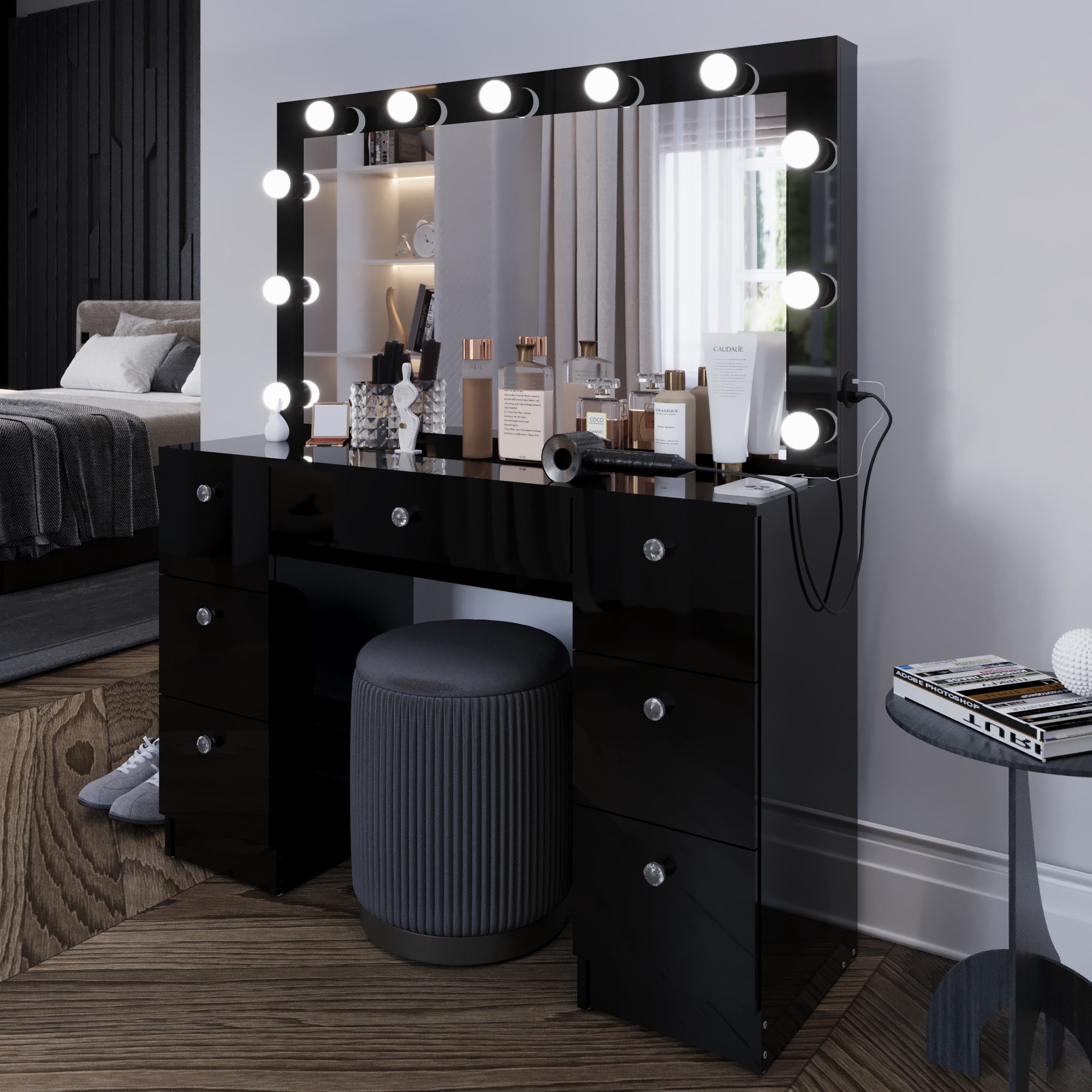 Boahaus Freya Makeup Vanity Desk with Lights, Crystal Knobs & Ample Storage