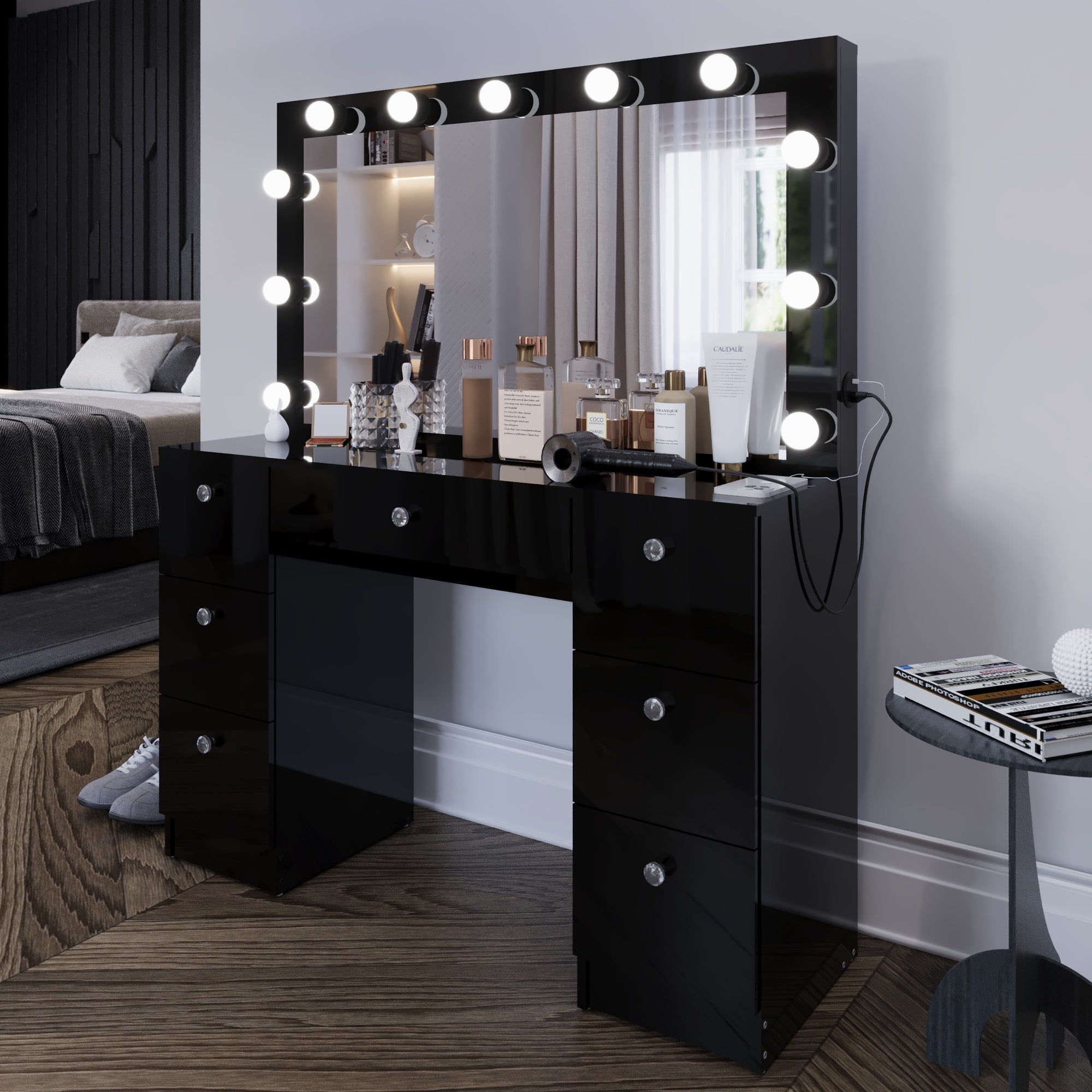Boahaus Freya Makeup Vanity Desk with Lights, Crystal Knobs & Ample Storage