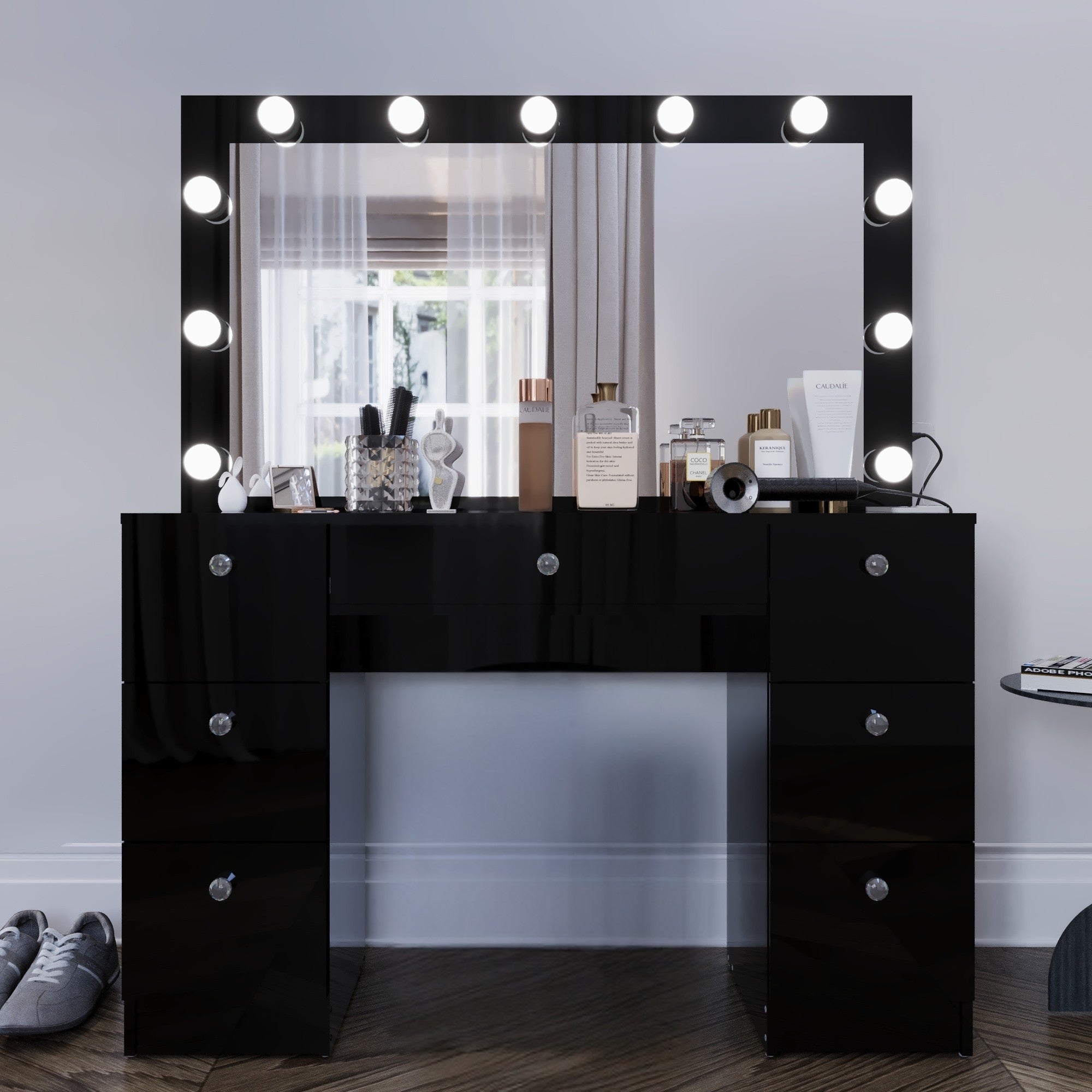Boahaus Freya Makeup Vanity Desk with Lights, Crystal Knobs & Ample Storage