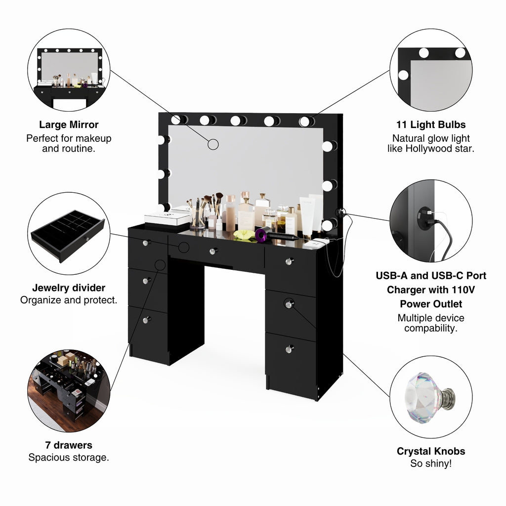 Boahaus Freya Makeup Vanity Desk with Lights, Crystal Knobs & Ample Storage