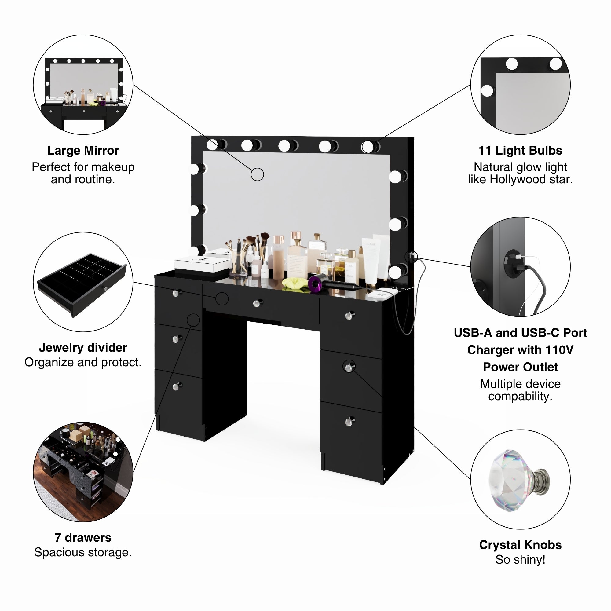 Boahaus Freya Makeup Vanity Desk with Lights, Crystal Knobs & Ample Storage
