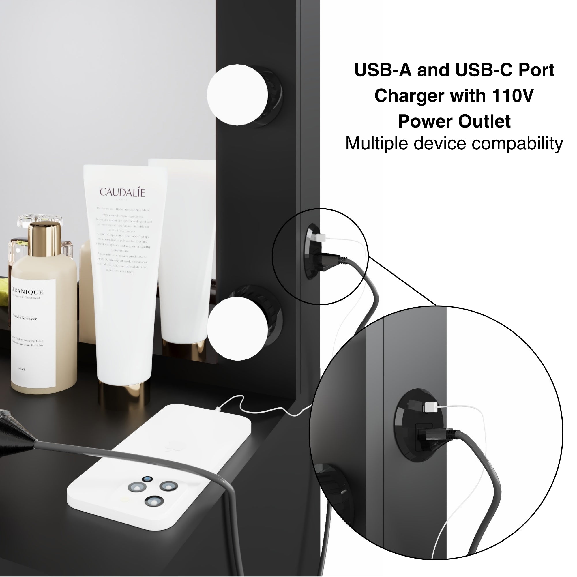 Boahaus Freya Makeup Vanity Desk with Lights, Crystal Knobs & Ample Storage
