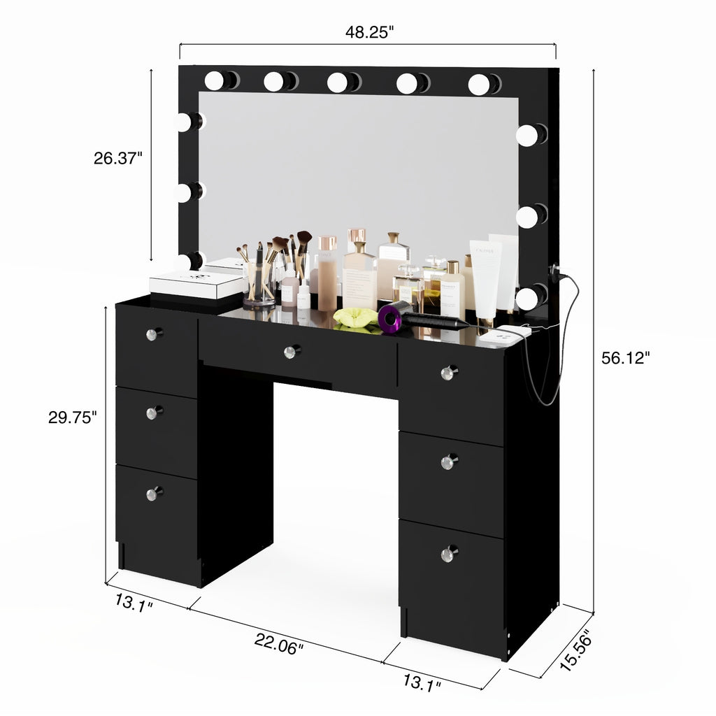 Boahaus Freya Makeup Vanity Desk with Lights, Crystal Knobs & Ample Storage