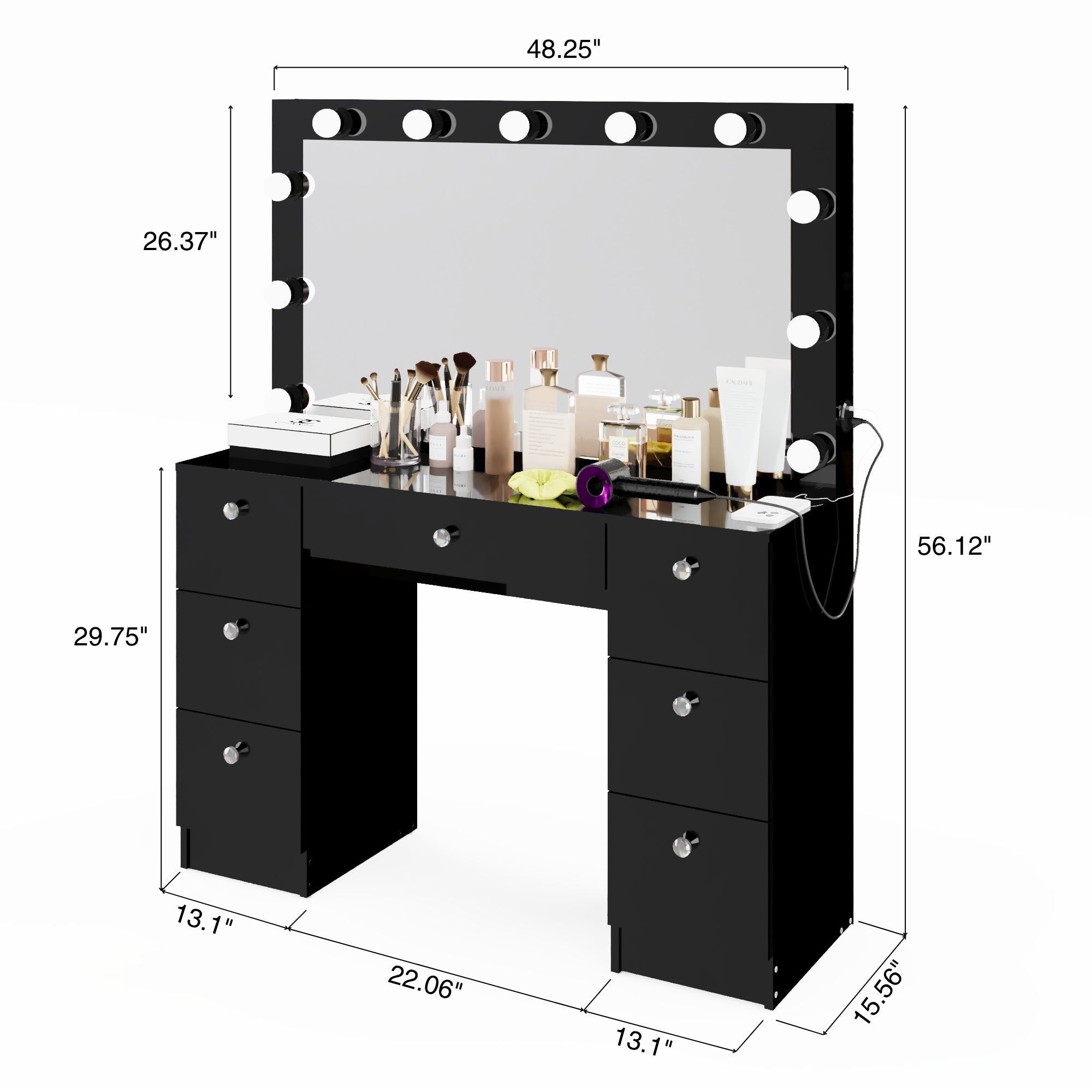 Boahaus Freya Makeup Vanity Desk with Lights, Crystal Knobs & Ample Storage