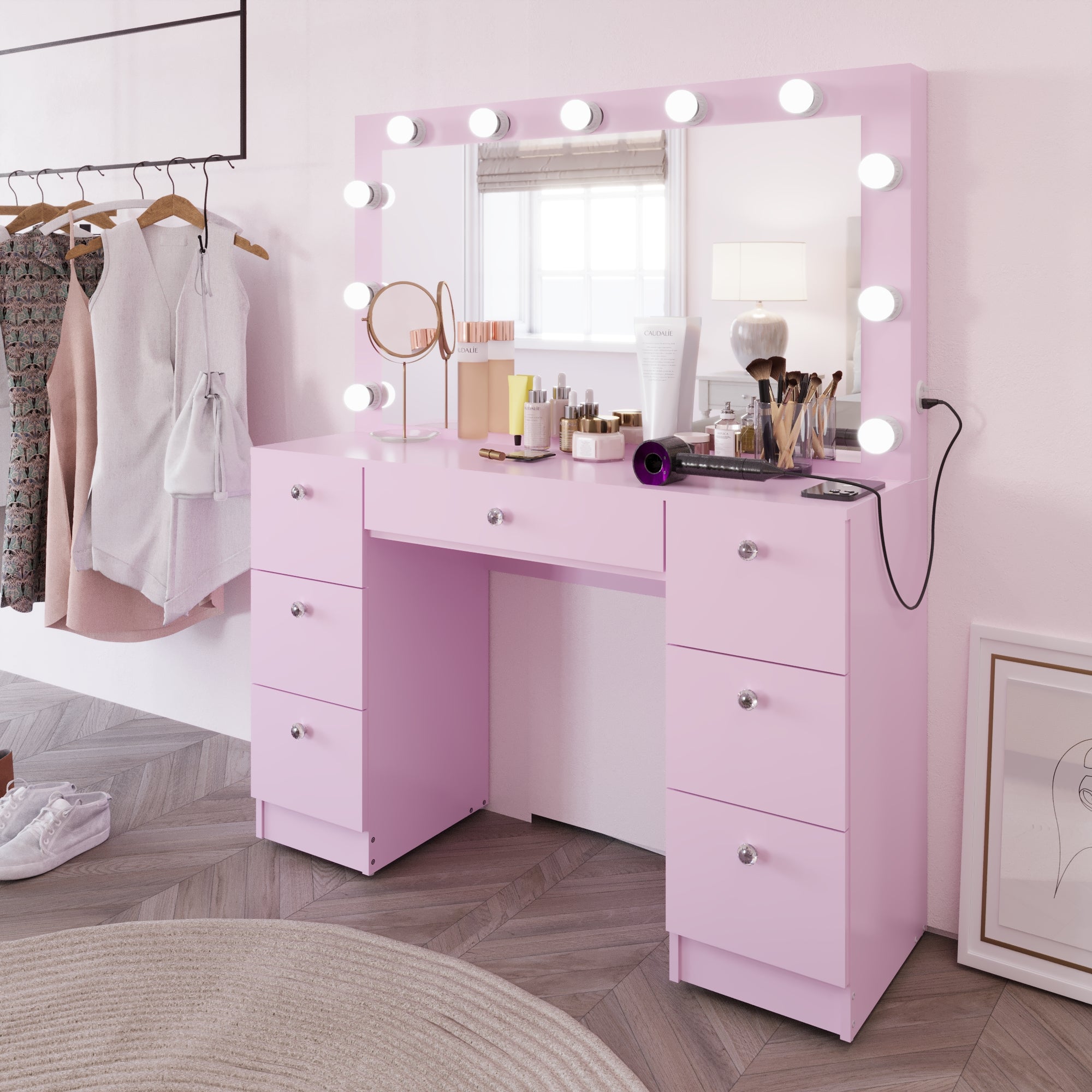 Boahaus Freya Makeup Vanity Desk with Lights, Crystal Knobs & Ample St boahaus-outlet Boahaus Freya Makeup Vanity Desk with Lights, Crystal Knobs & Ample St boahaus-outlet