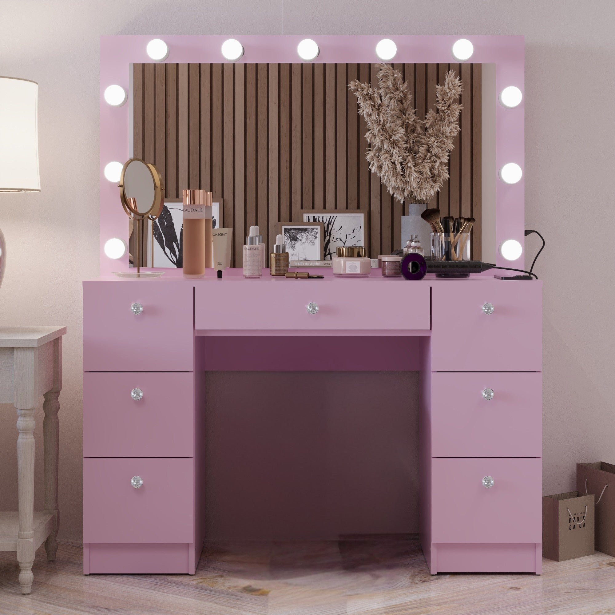 Boahaus Freya Makeup Vanity Desk with Lights, Crystal Knobs & Ample Storage