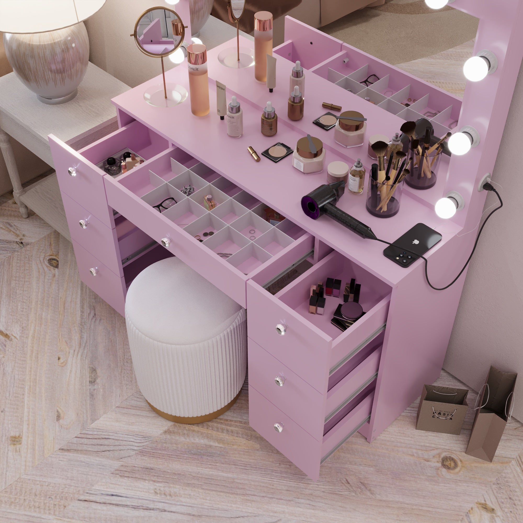 Boahaus Freya Makeup Vanity Desk with Lights, Crystal Knobs & Ample Storage