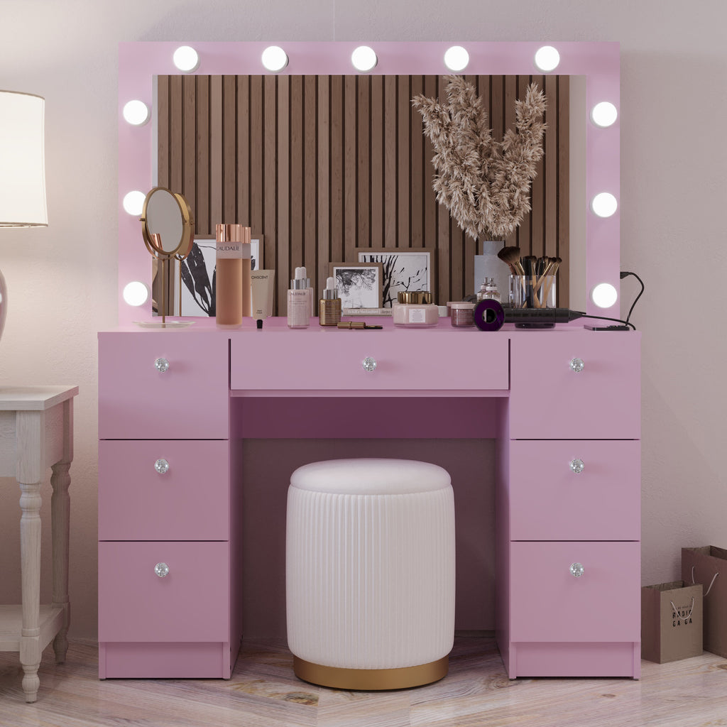 Boahaus Freya Makeup Vanity Desk with Lights, Crystal Knobs & Ample Storage