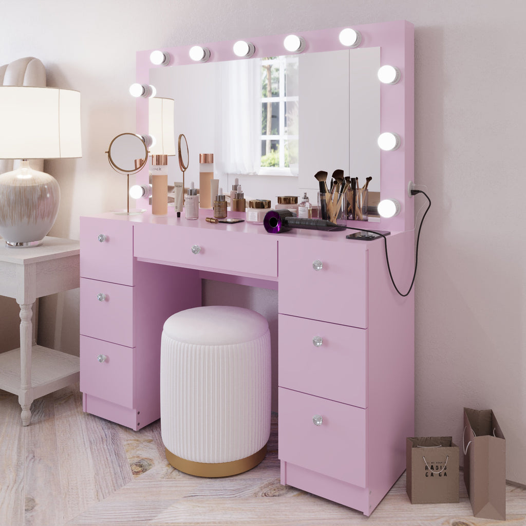 Boahaus Freya Makeup Vanity Desk with Lights, Crystal Knobs & Ample Storage