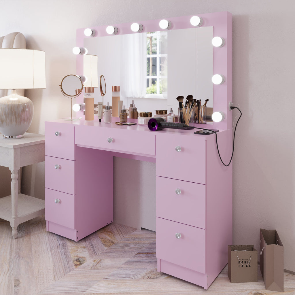 Boahaus Freya Makeup Vanity Desk with Lights, Crystal Knobs & Ample Storage