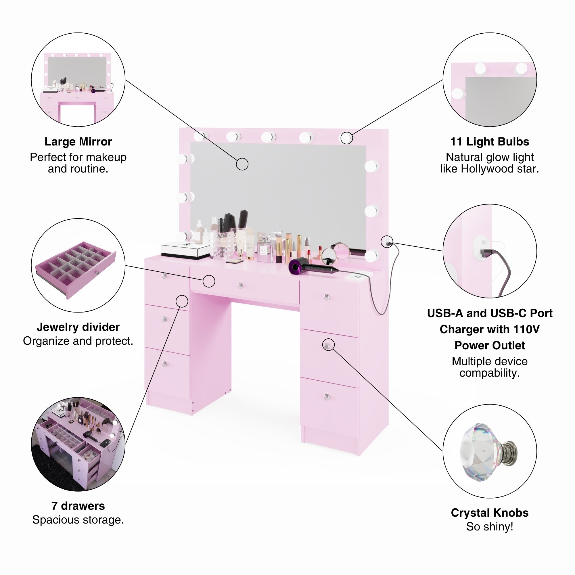 Boahaus Freya Makeup Vanity Desk with Lights, Crystal Knobs & Ample Storage