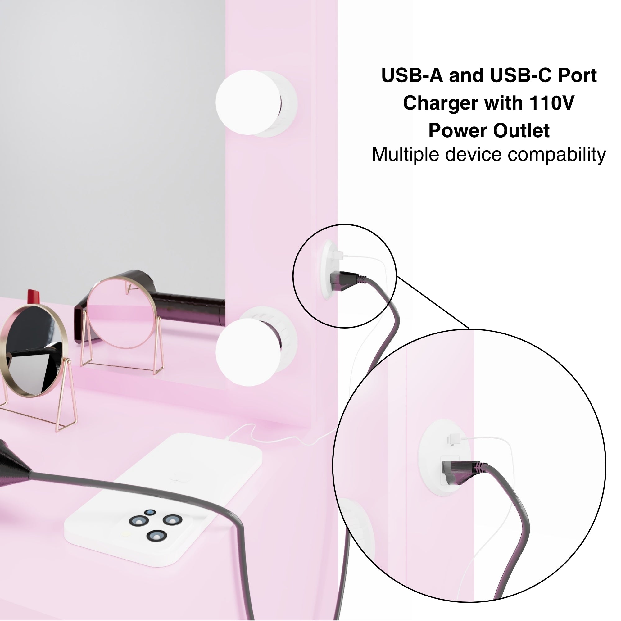 Boahaus Freya Makeup Vanity Desk with Lights, Crystal Knobs & Ample Storage