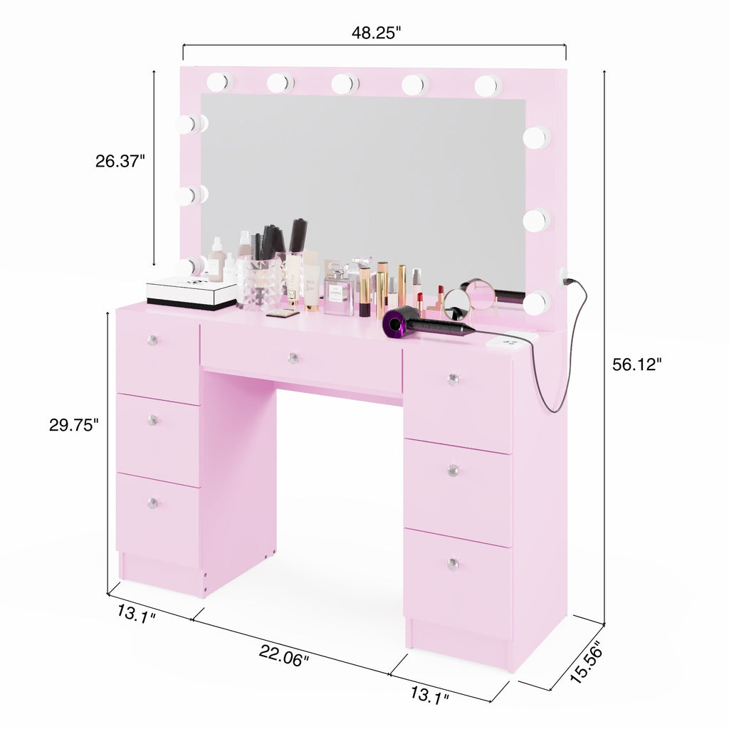 Boahaus Freya Makeup Vanity Desk with Lights, Crystal Knobs & Ample Storage