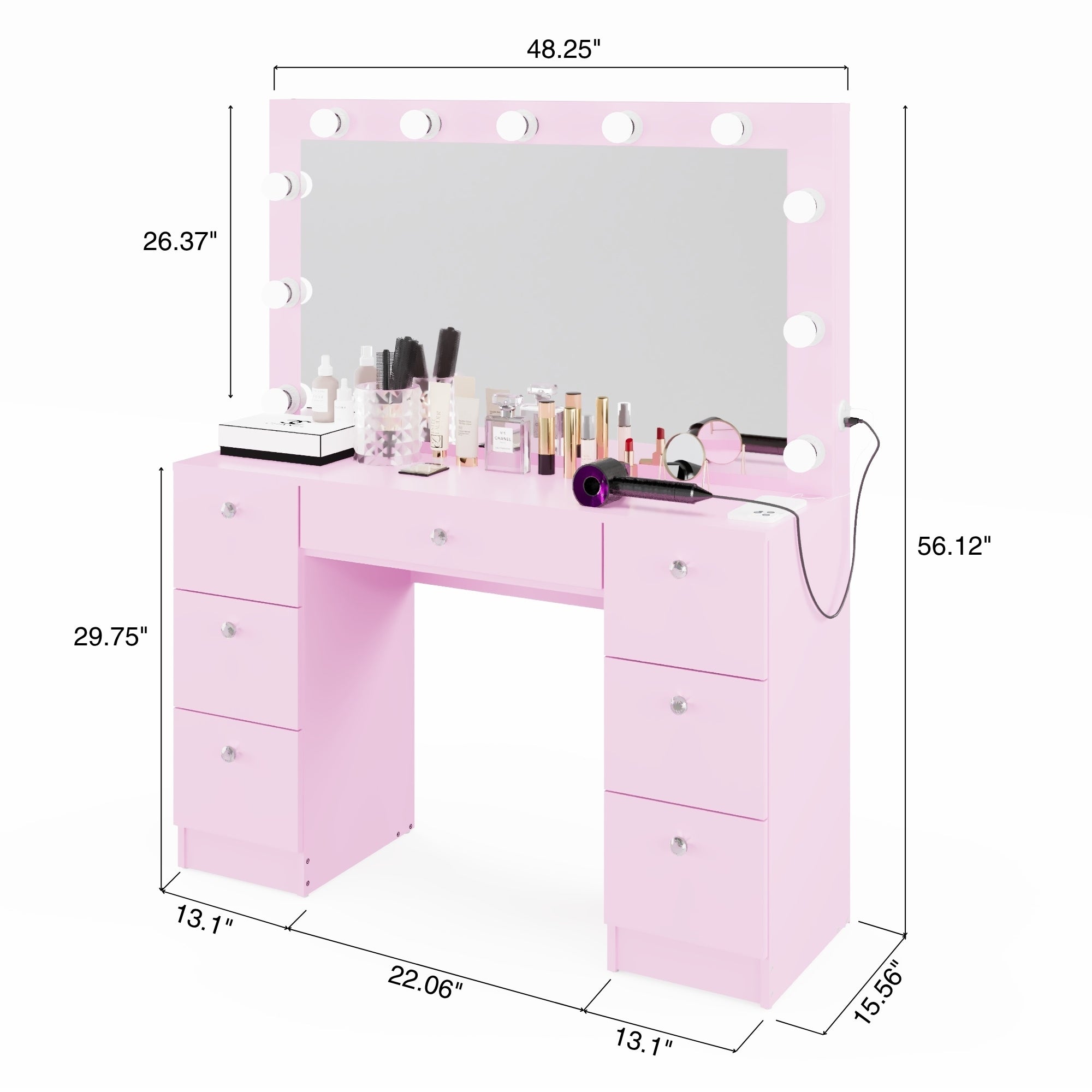 Boahaus Freya Makeup Vanity Desk with Lights, Crystal Knobs & Ample Storage