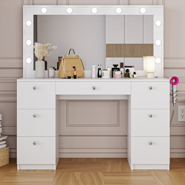 Freya Makeup Vanity Desk with Lights, Crystal Knobs & Ample Storage