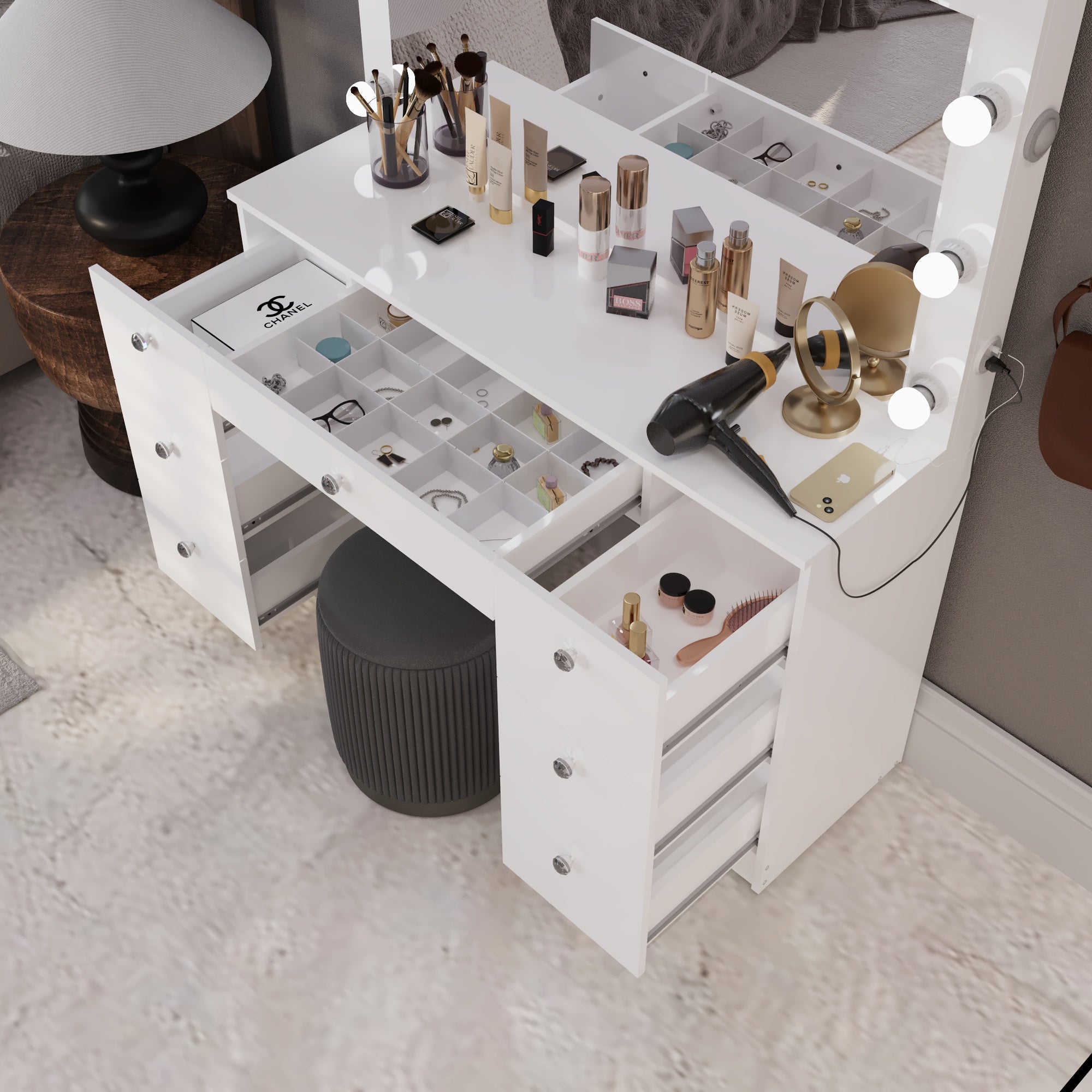 Boahaus Freya Makeup Vanity Desk with Lights, Crystal Knobs & Ample Storage