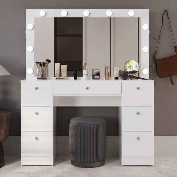 Boahaus Freya Makeup Vanity Desk with Lights, Crystal Knobs & Ample Storage