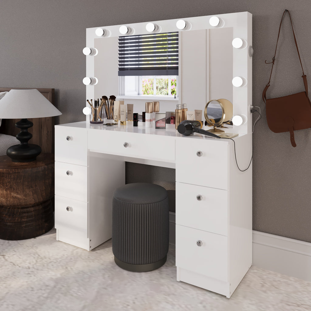 Boahaus Freya Makeup Vanity Desk with Lights, Crystal Knobs & Ample Storage