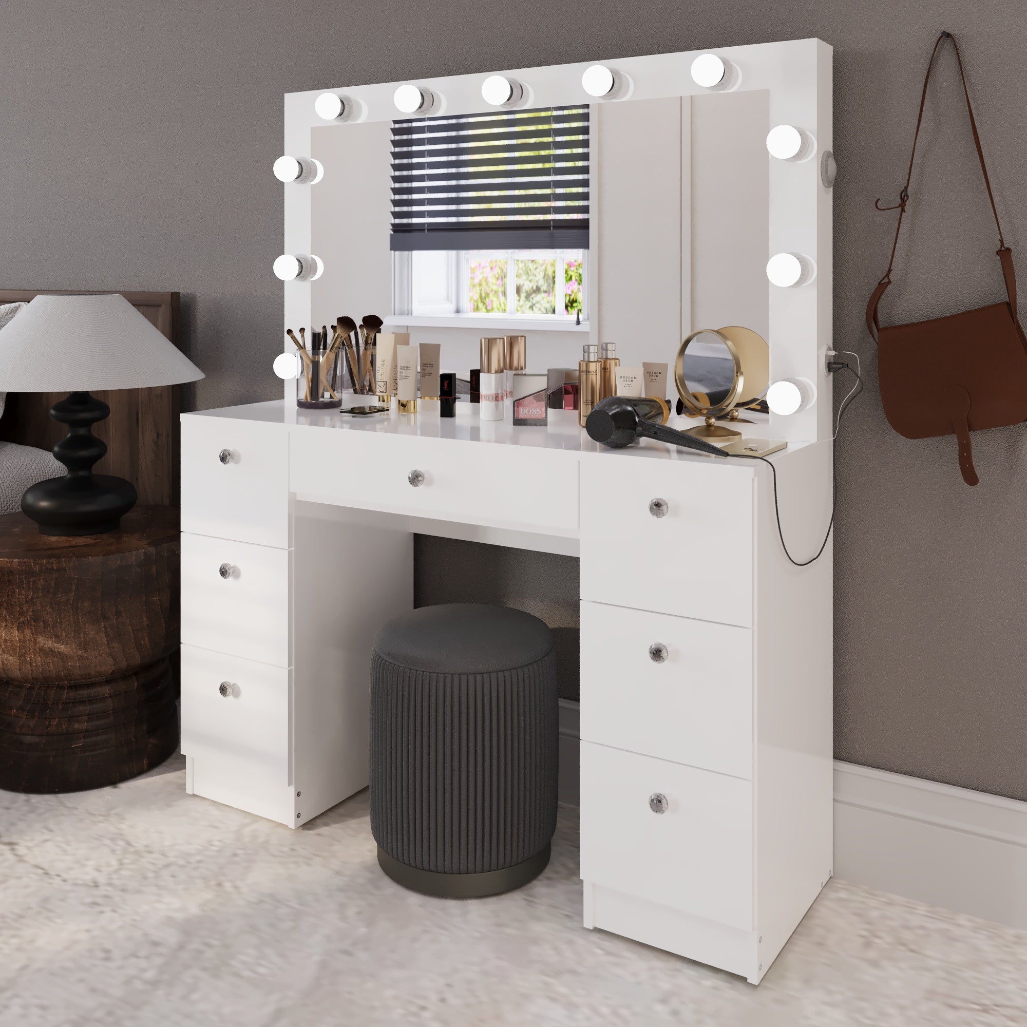 Boahaus Freya Makeup Vanity Desk with Lights, Crystal Knobs & Ample Storage