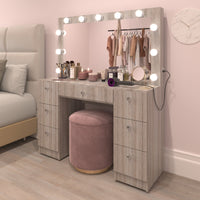 Boahaus Freya Makeup Vanity Desk with Lights, Crystal Knobs & Ample Storage