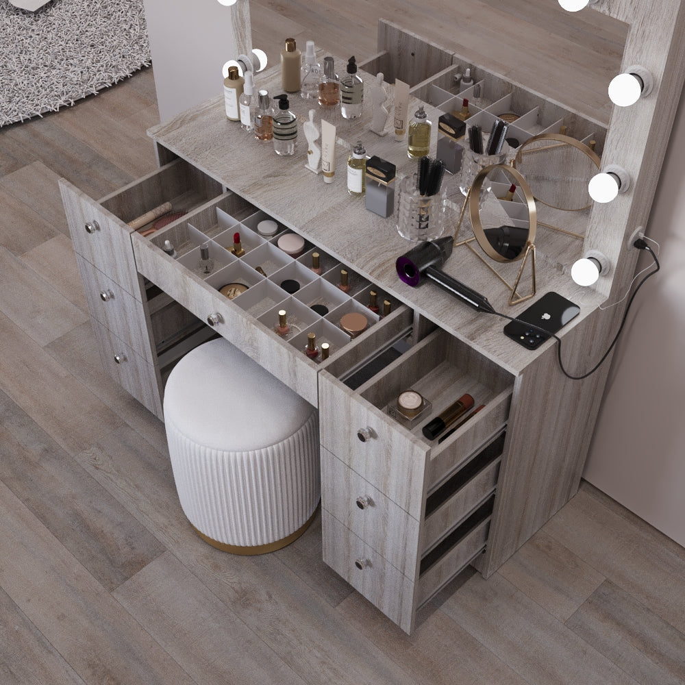Boahaus Freya Makeup Vanity Desk with Lights, Crystal Knobs & Ample Storage