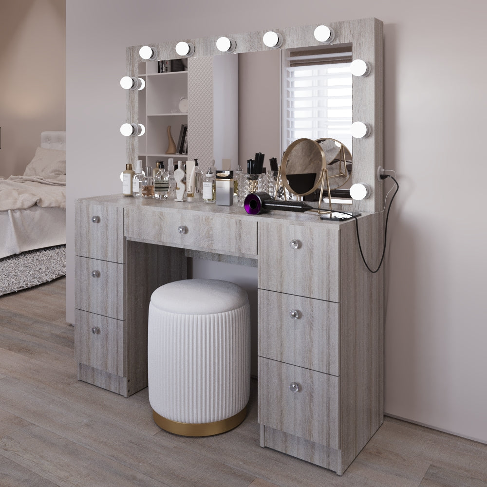 Boahaus Freya Makeup Vanity Desk with Lights, Crystal Knobs & Ample Storage