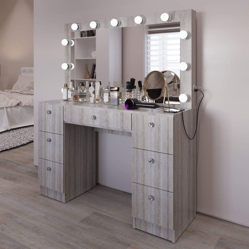 Boahaus Freya Makeup Vanity Desk with Lights, Crystal Knobs & Ample Storage