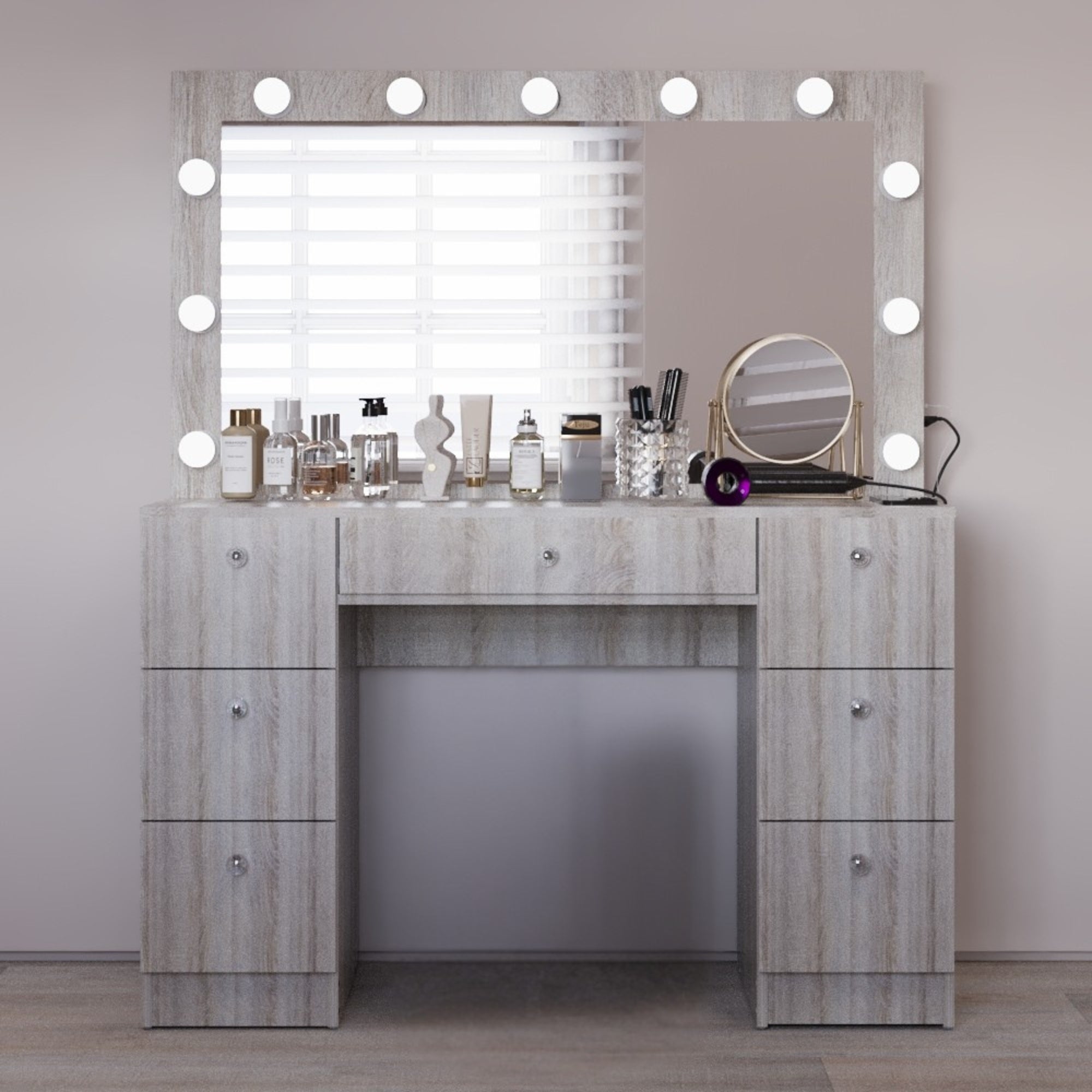 Boahaus Freya Makeup Vanity Desk with Lights, Crystal Knobs & Ample Storage