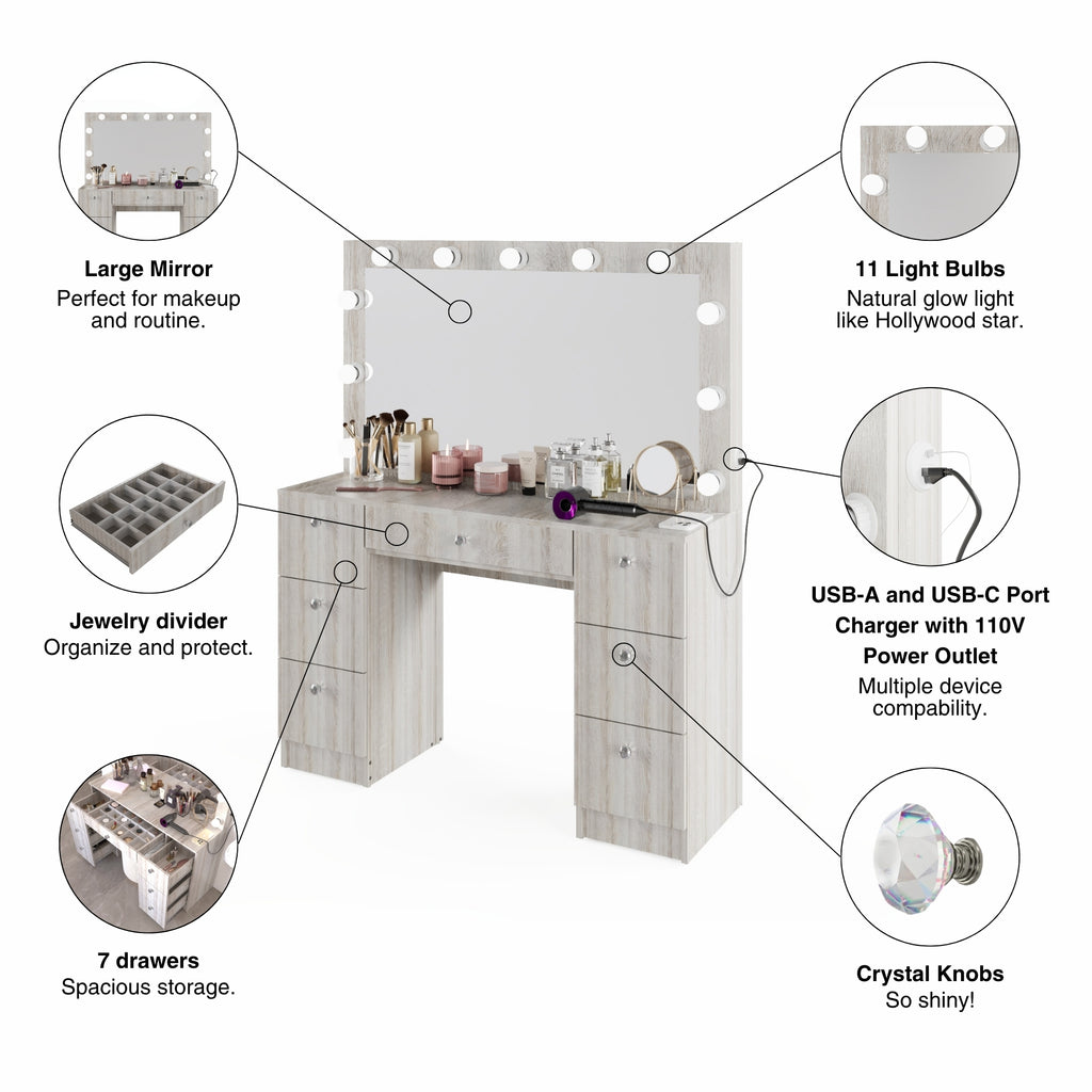Boahaus Freya Makeup Vanity Desk with Lights, Crystal Knobs & Ample Storage
