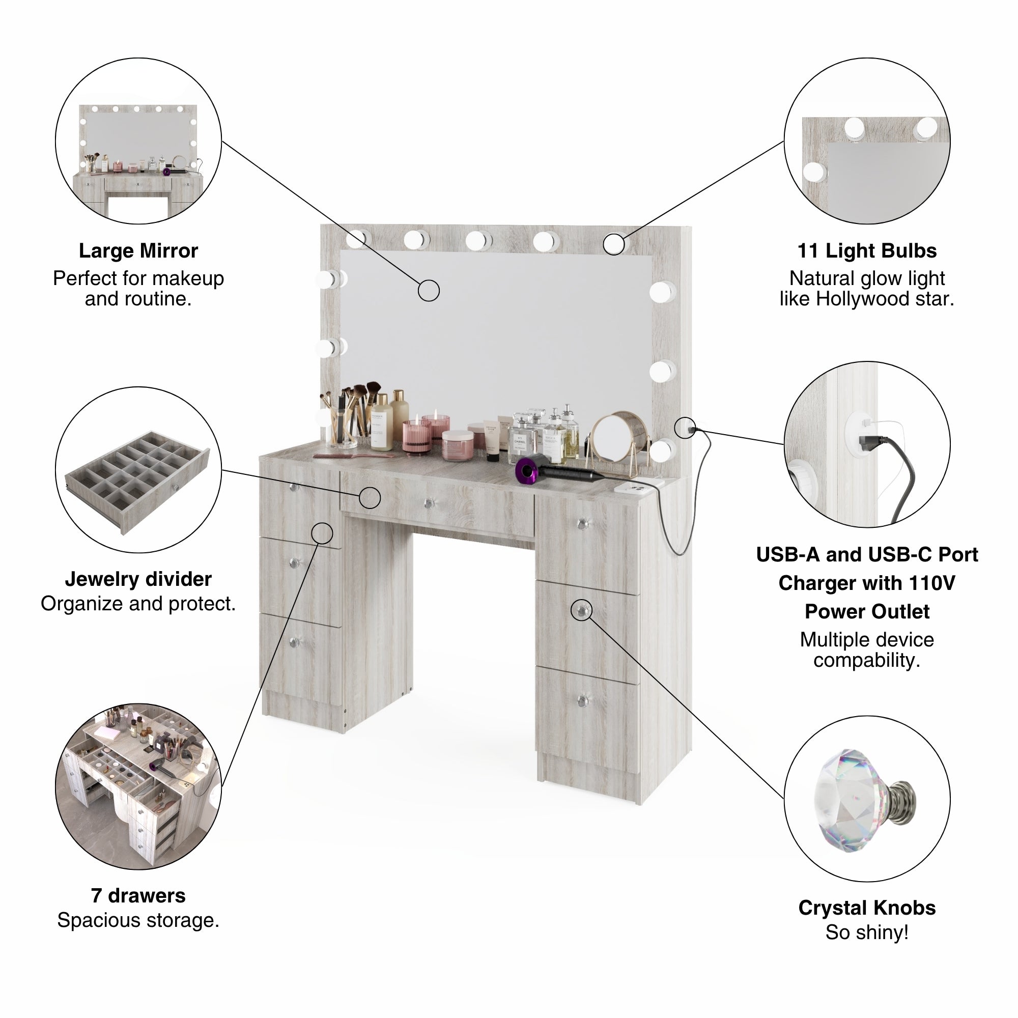 Boahaus Freya Makeup Vanity Desk with Lights, Crystal Knobs & Ample Storage
