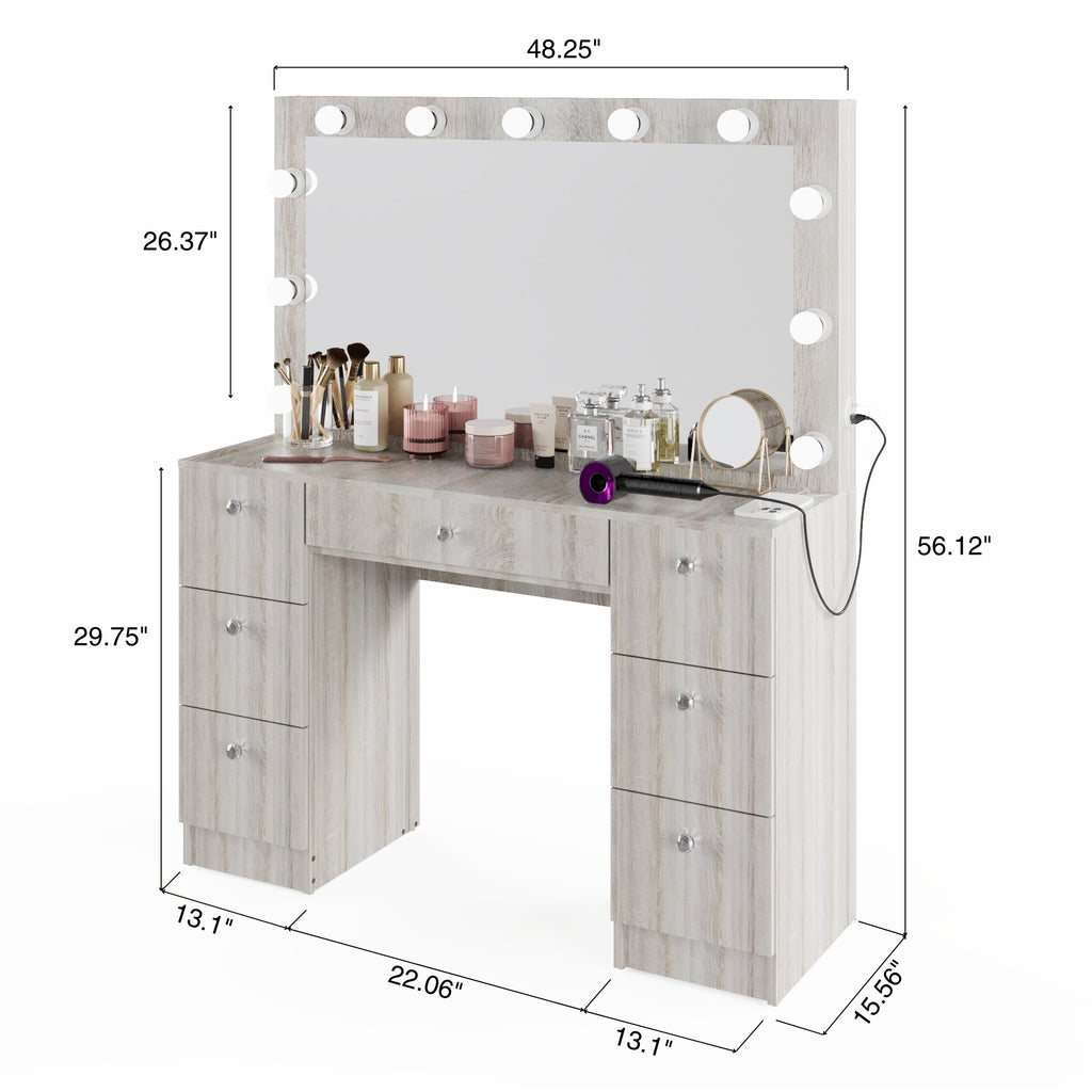 Boahaus Freya Makeup Vanity Desk with Lights, Crystal Knobs & Ample Storage