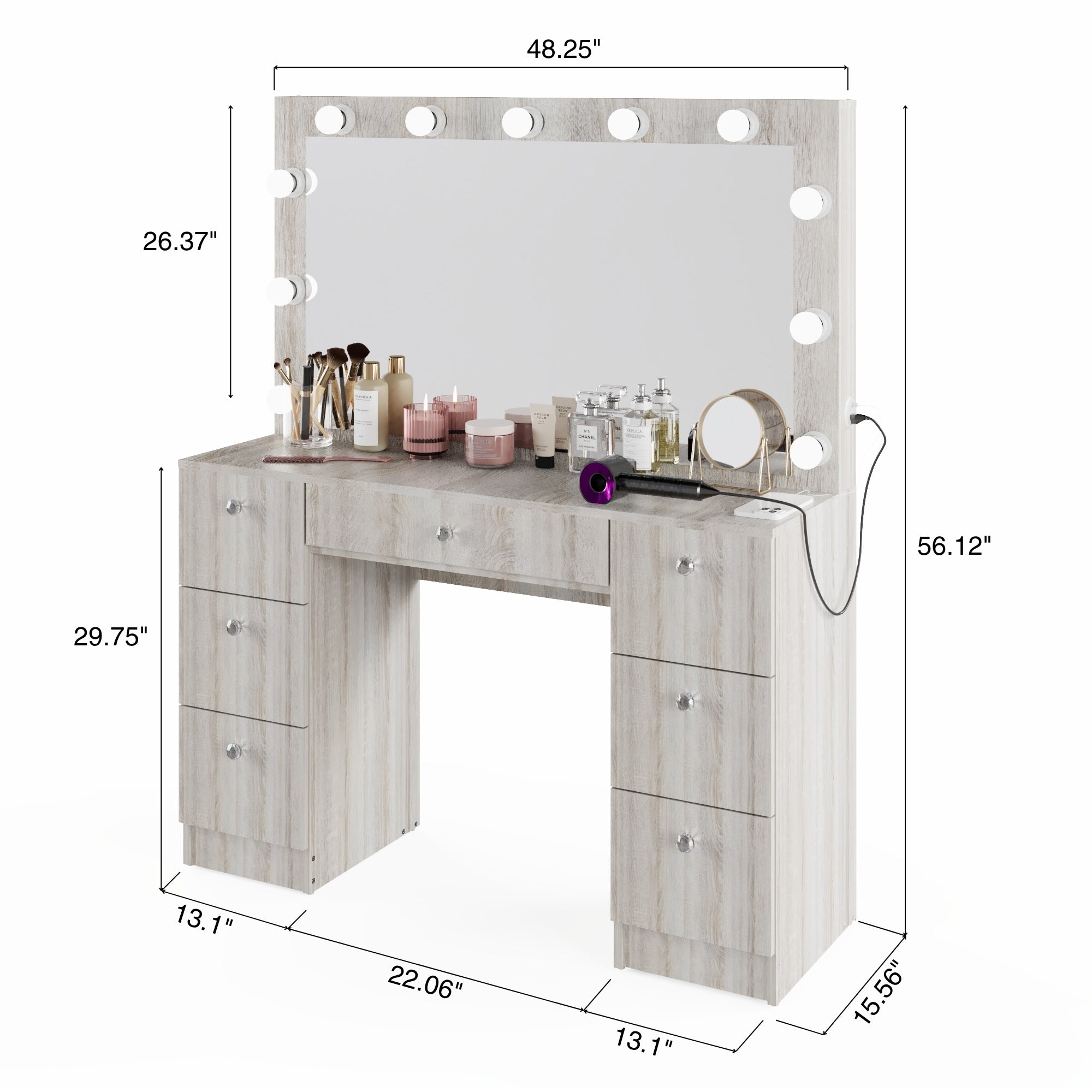 Boahaus Freya Makeup Vanity Desk with Lights, Crystal Knobs & Ample Storage
