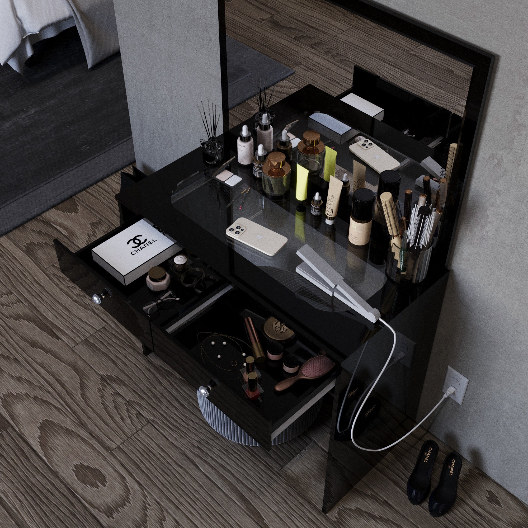 Boahaus Doris Makeup Vanity Table with Glass Top and Two Drawers | Elegance Redefined