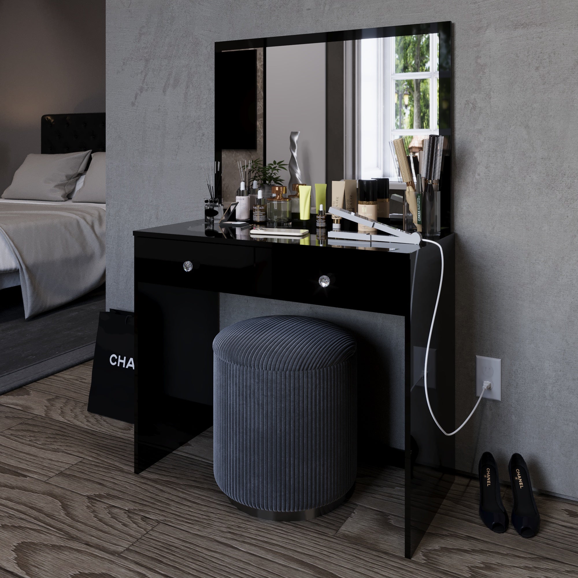 Boahaus Doris Makeup Vanity Table with Glass Top and Two Drawers | Elegance Redefined