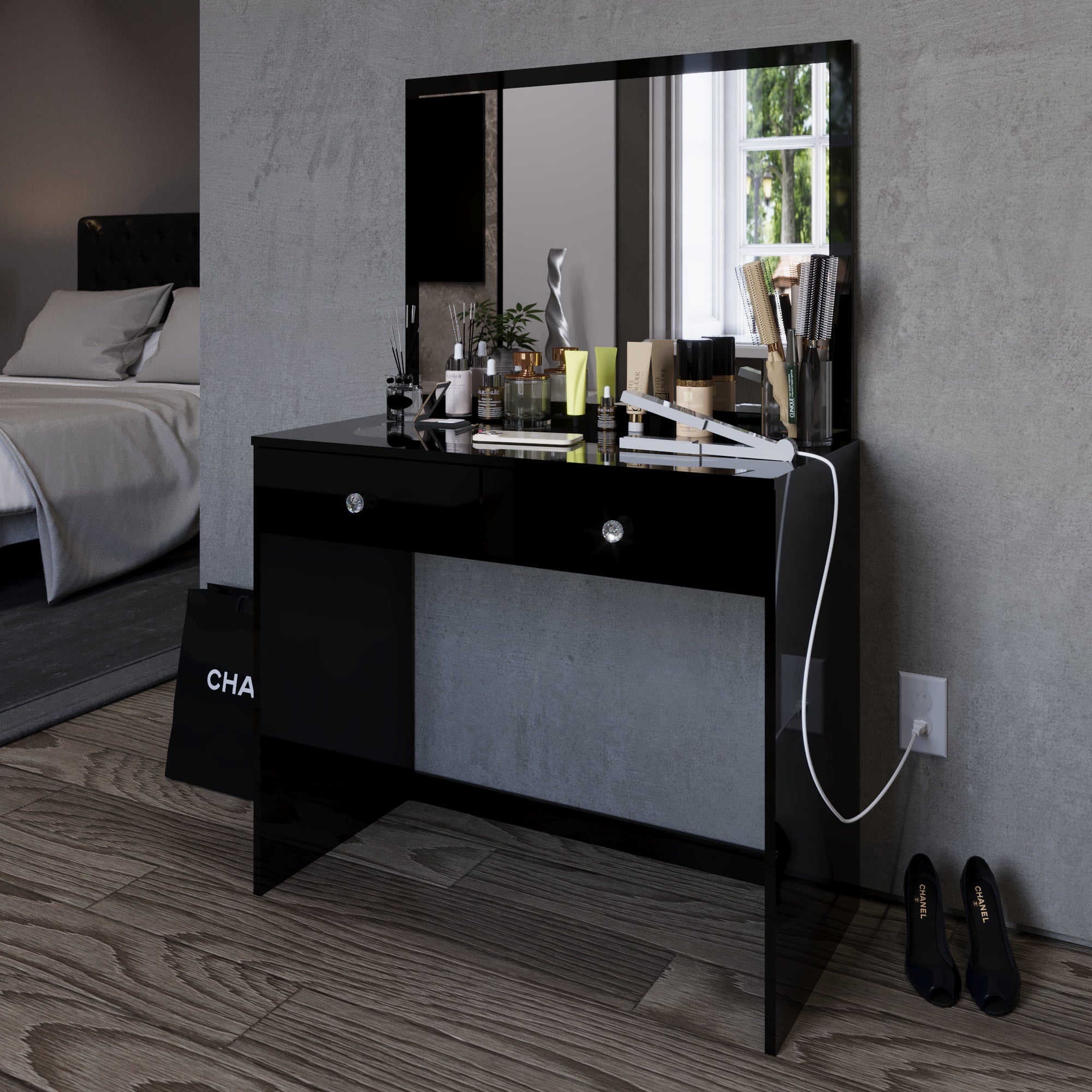 Boahaus Doris Makeup Vanity Table with Glass Top and Two Drawers | Elegance Redefined