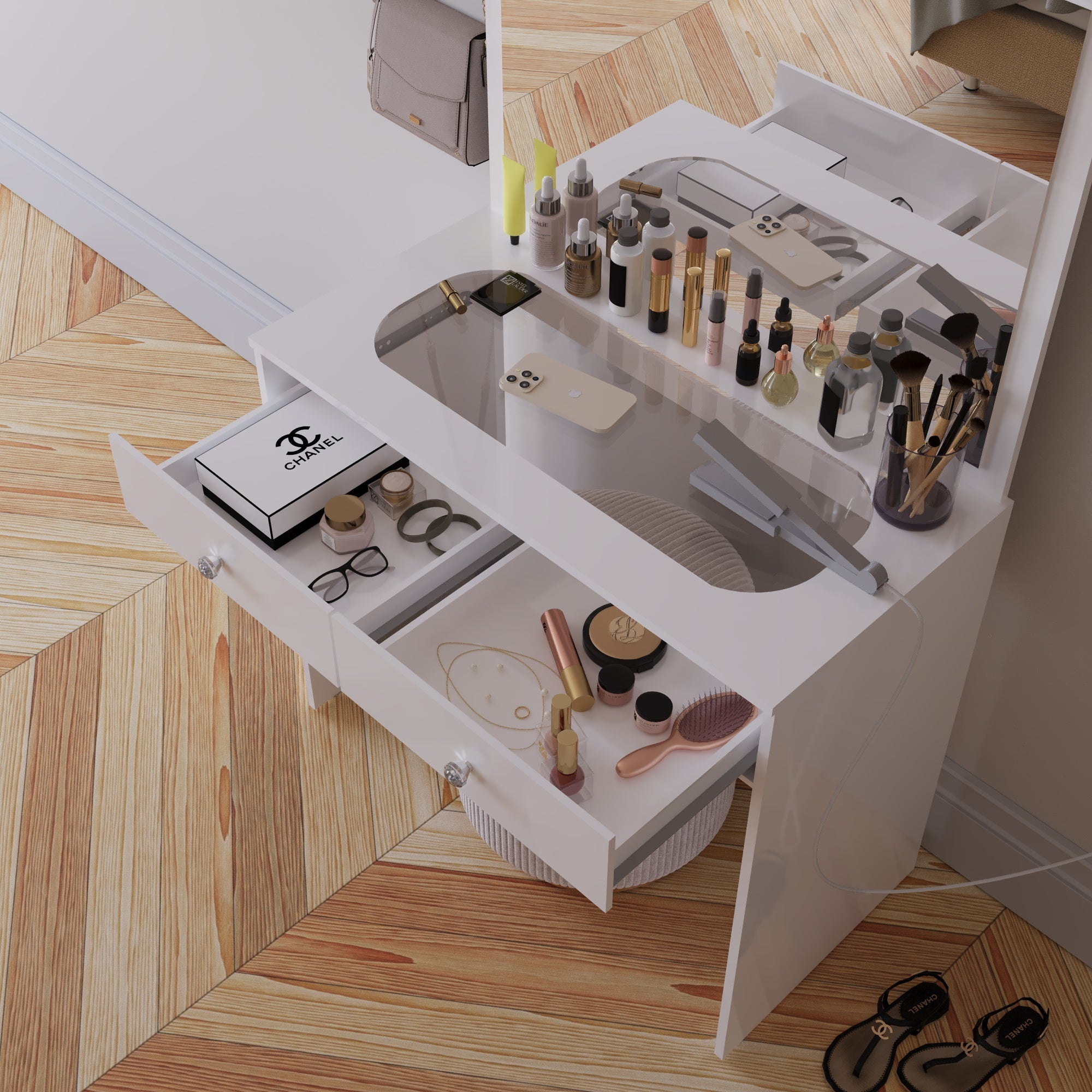 Boahaus Doris Makeup Vanity Table with Glass Top and Two Drawers | Elegance Redefined