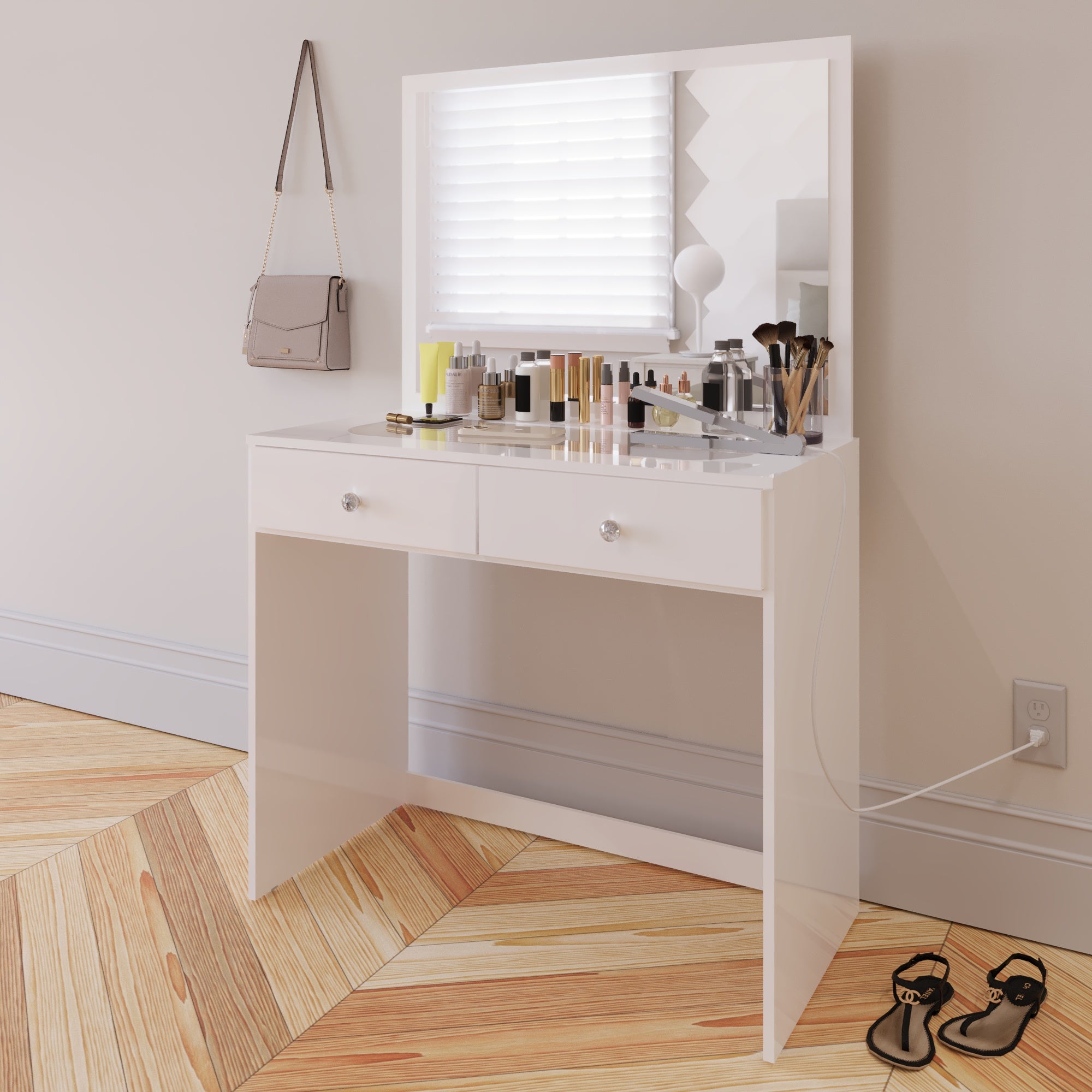 Boahaus Doris Makeup Vanity Table with Glass Top and Two Drawers | Elegance Redefined