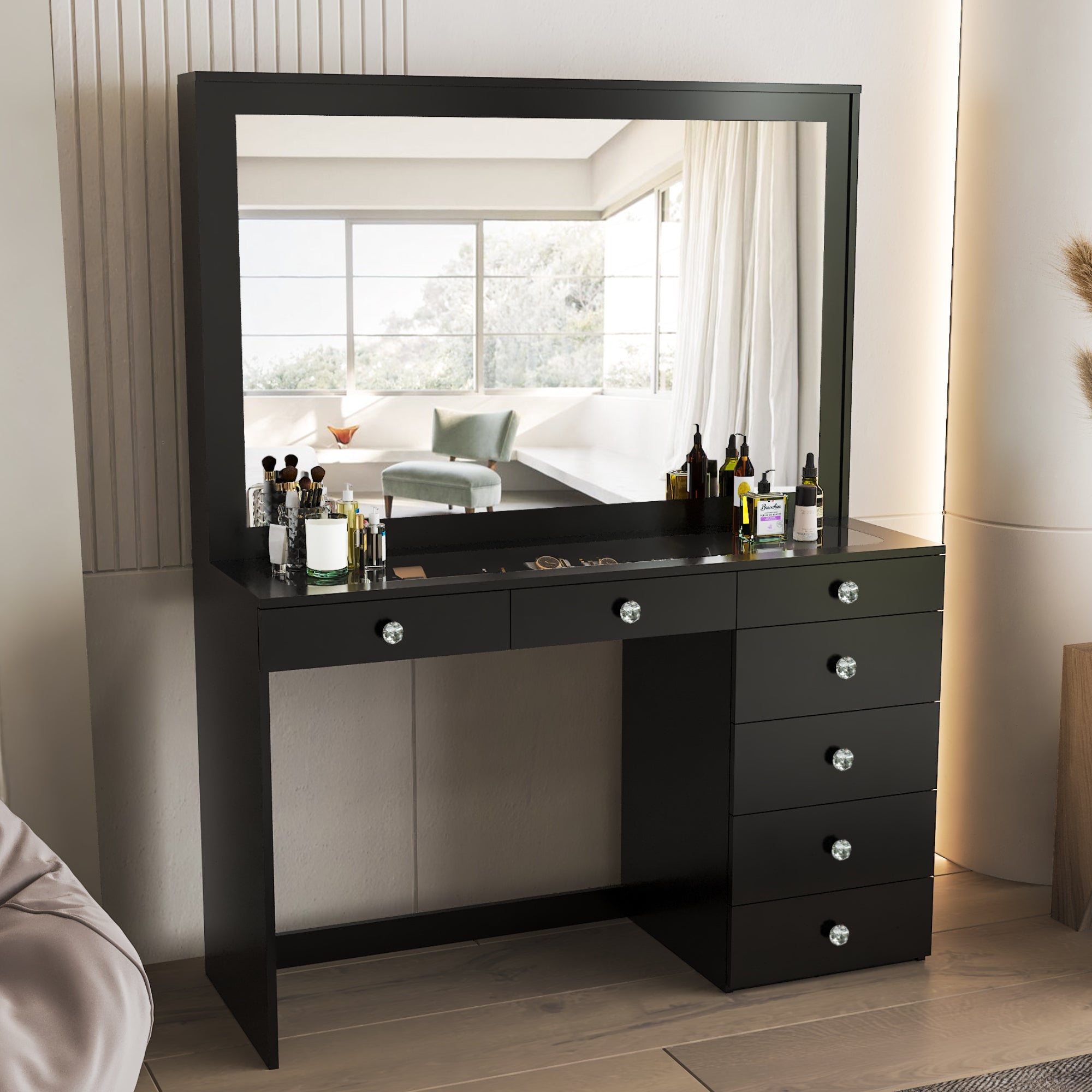 Boahaus Jane Makeup Vanity Table with Wide Mirror & Glass Top | Premium Design