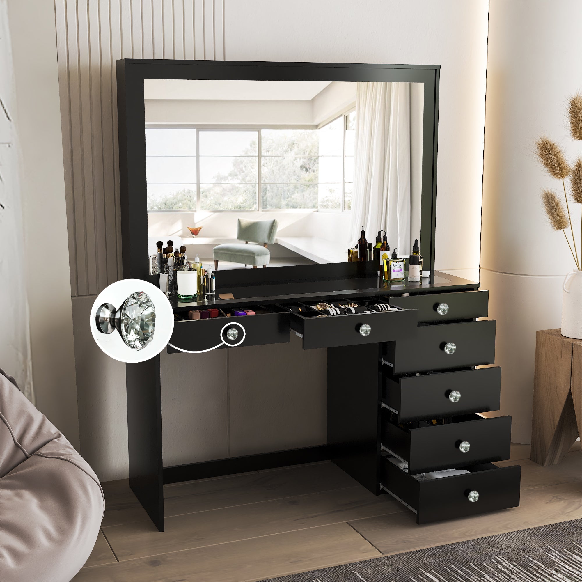 Boahaus Jane Makeup Vanity Table with Wide Mirror & Glass Top | Premium Design