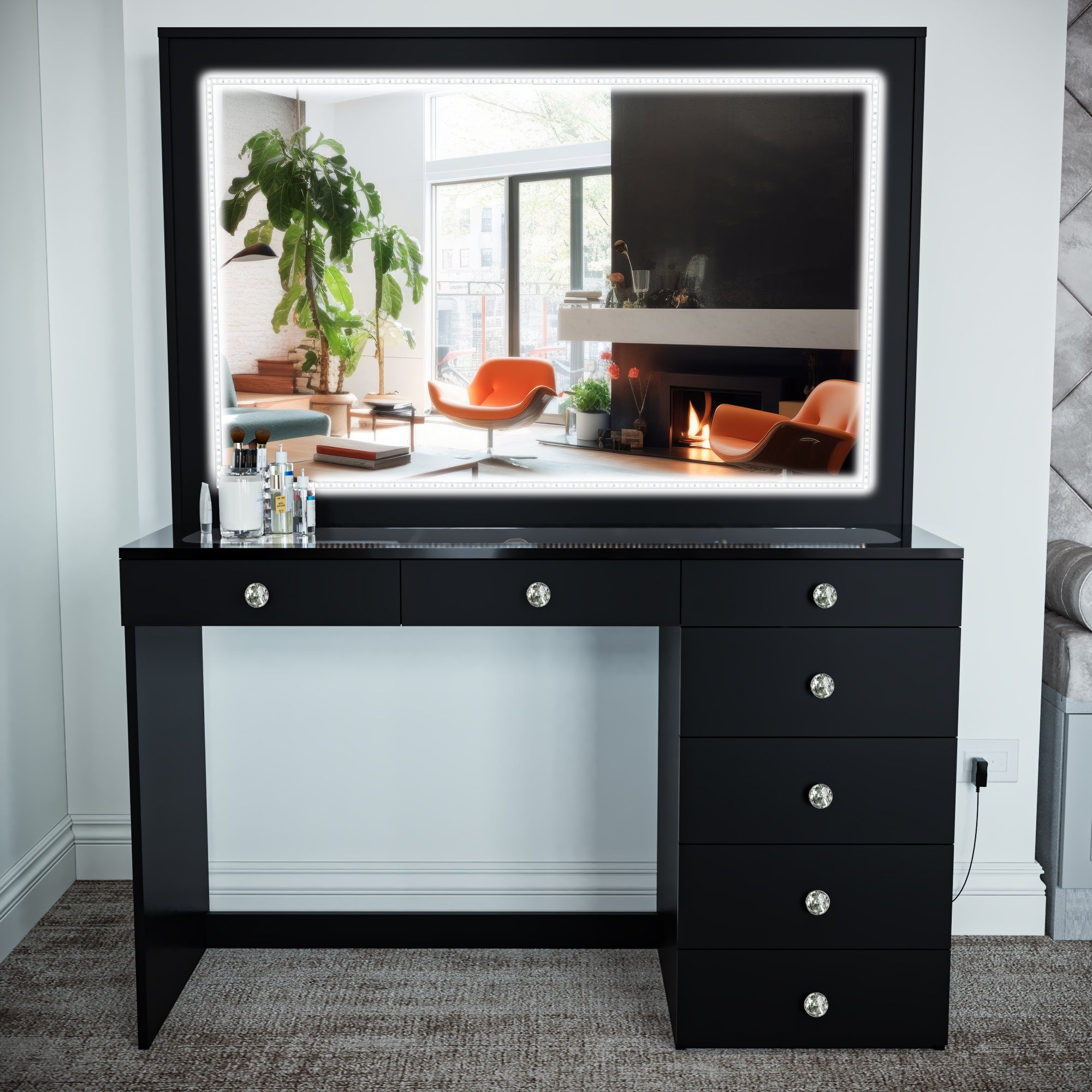 Boahaus Theia Makeup Vanity Table with Glass Top, Storage & LED Light Strip | Sophisticated Elegance