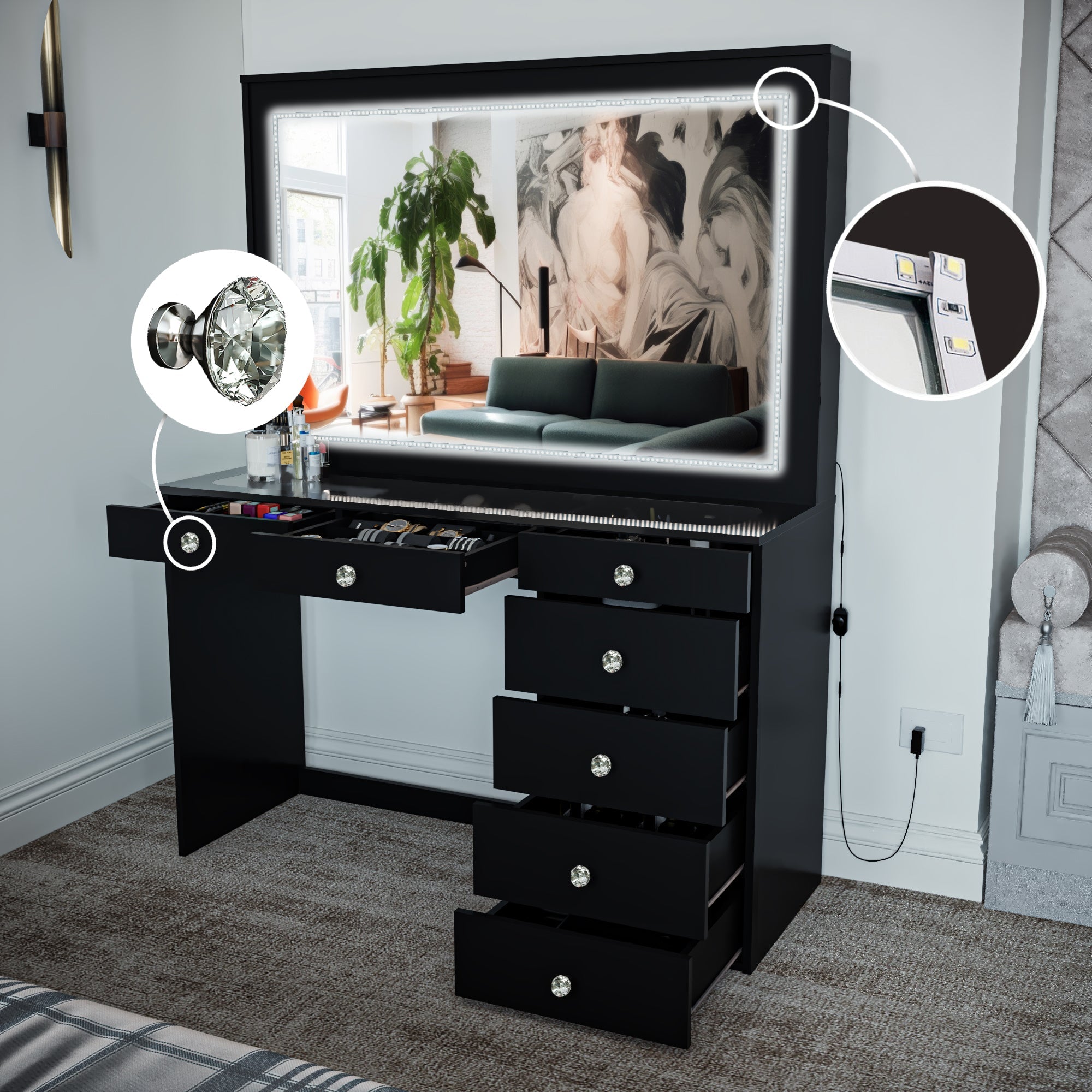 Boahaus Theia Makeup Vanity Table with Glass Top, Storage & LED Light Strip | Sophisticated Elegance