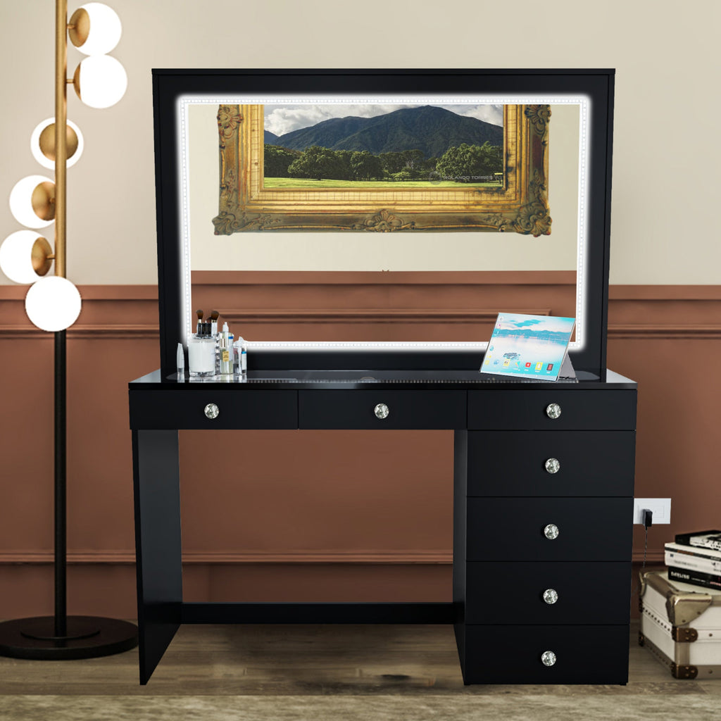 Boahaus Theia Makeup Vanity Table with Glass Top, Storage & LED Light Strip | Sophisticated Elegance
