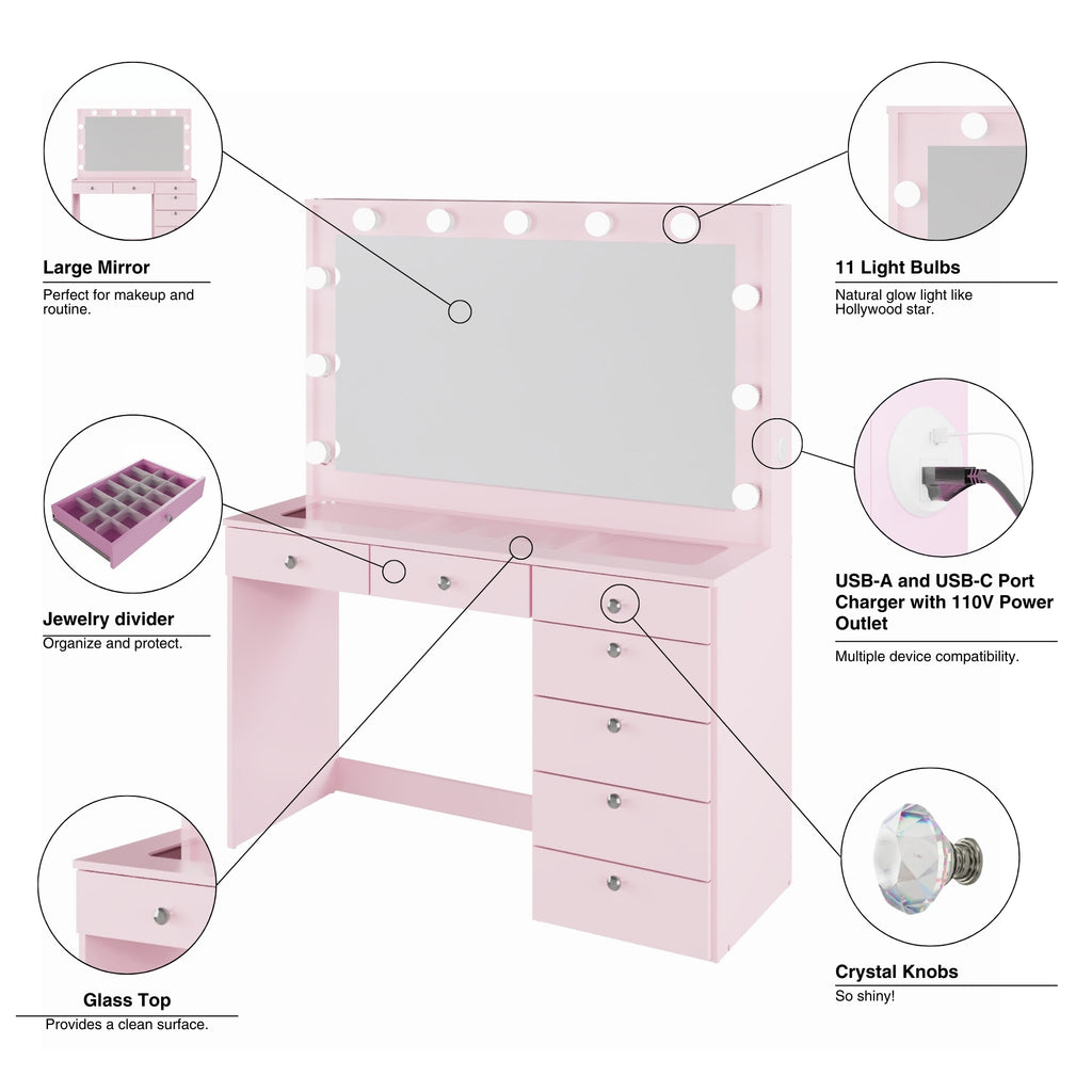 Boahaus Serena Makeup Vanity Table with Built-In Lights & Glass Top | Elegance Redefined