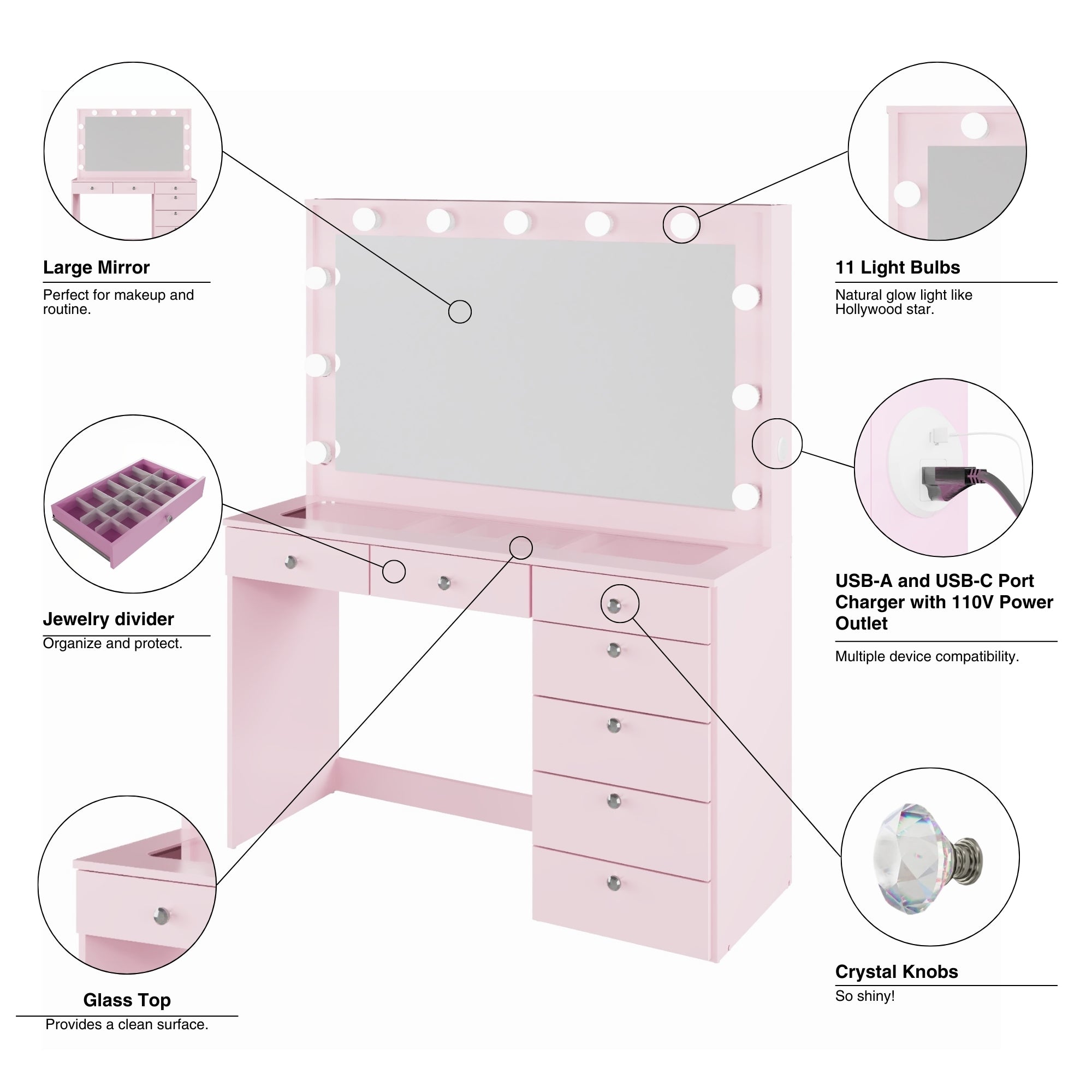 Boahaus Serena Makeup Vanity Table with Built-In Lights & Glass Top | Elegance Redefined