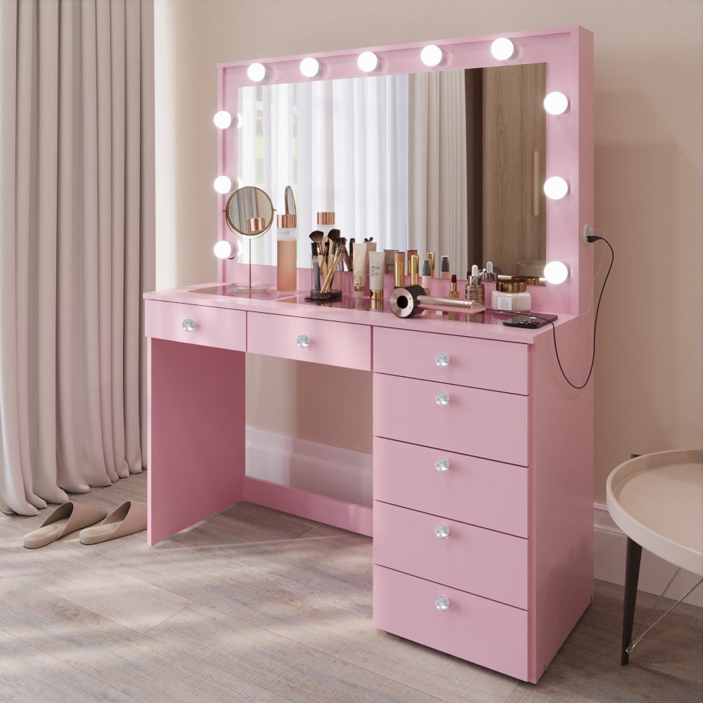 Boahaus Serena Makeup Vanity Table with Built-In Lights & Glass Top | Elegance Redefined