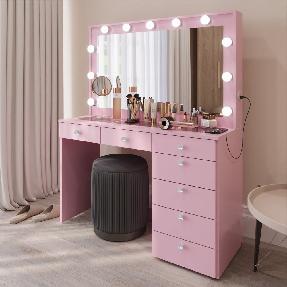Boahaus Serena Makeup Vanity Table with Built-In Lights & Glass Top | Elegance Redefined